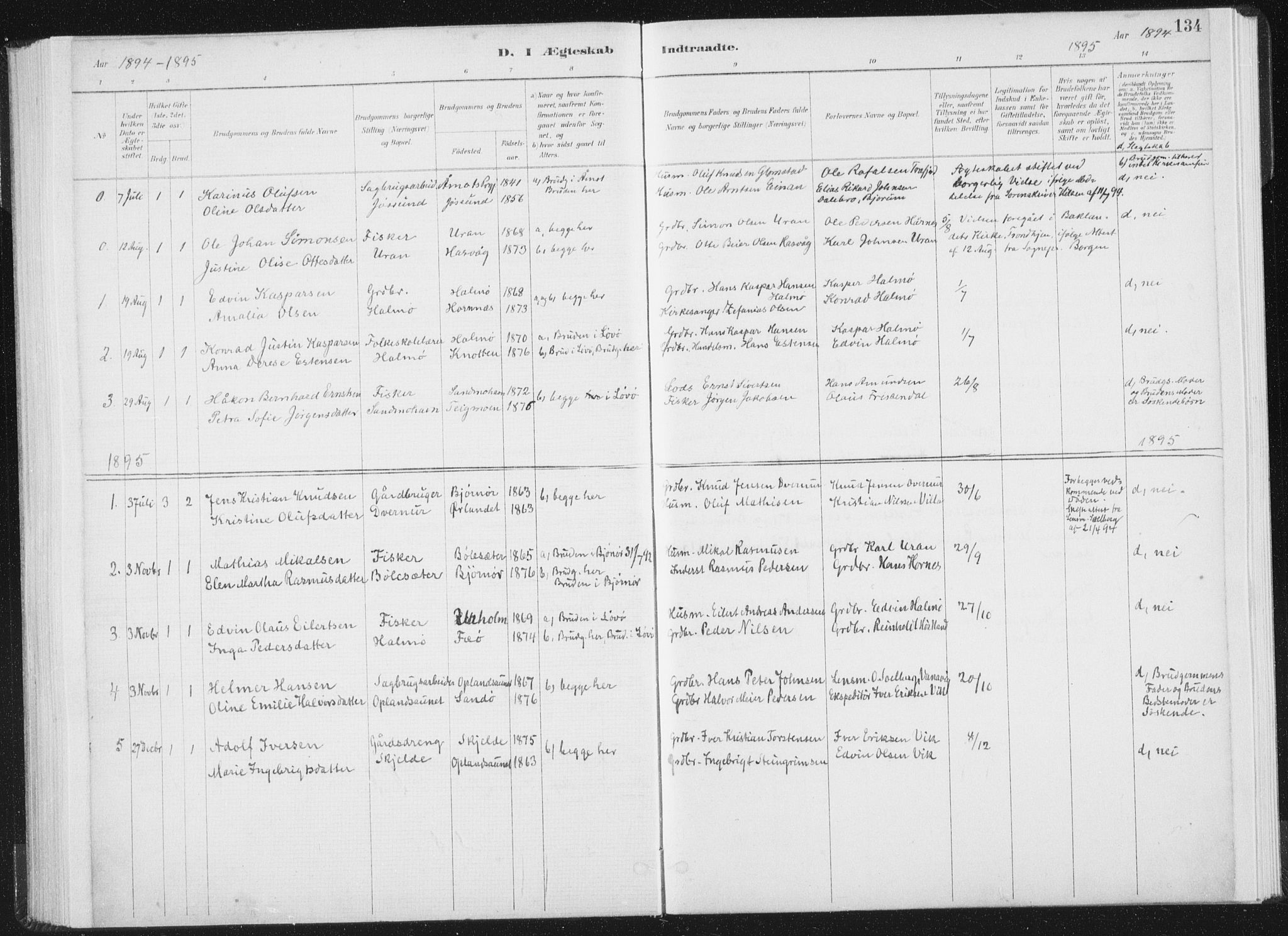 Ministerialprotokoller, klokkerbøker og fødselsregistre - Nord-Trøndelag, SAT/A-1458/771/L0597: Parish register (official) no. 771A04, 1885-1910, p. 134