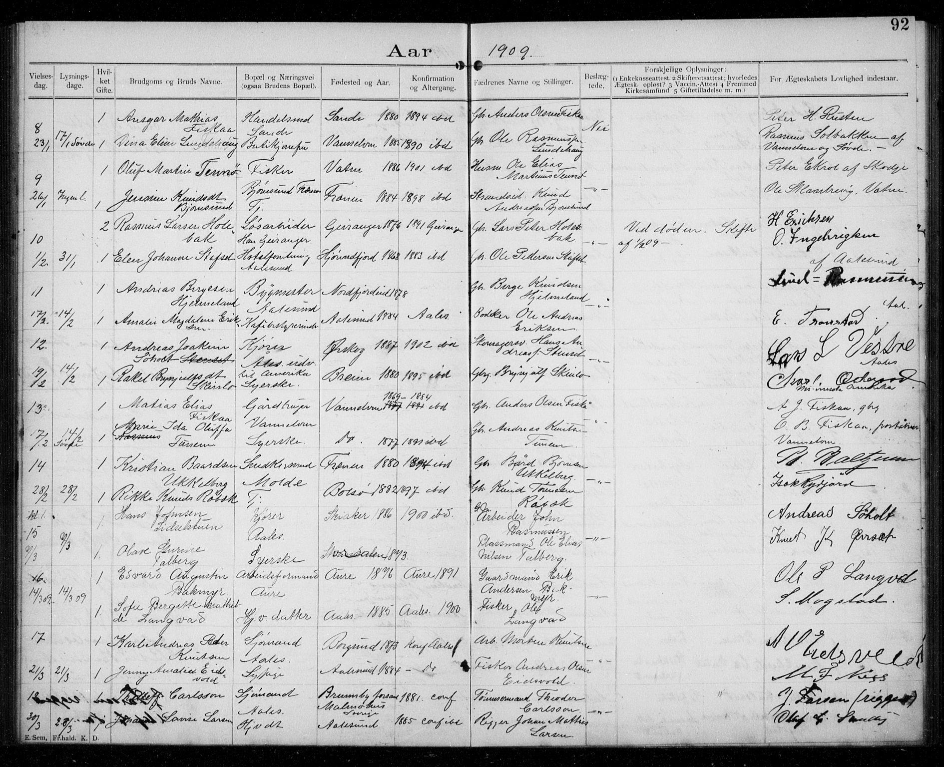 Ministerialprotokoller, klokkerbøker og fødselsregistre - Møre og Romsdal, AV/SAT-A-1454/529/L0458: Banns register no. 529A08, 1901-1918, p. 92