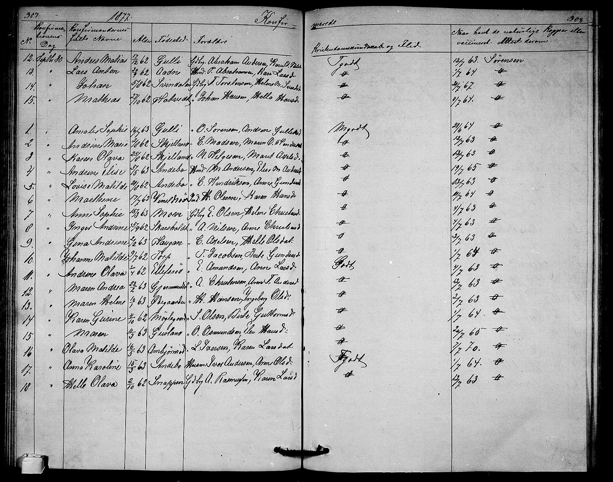 Andebu kirkebøker, AV/SAKO-A-336/G/Ga/L0004: Parish register (copy) no. I 4, 1868-1882, p. 307-308