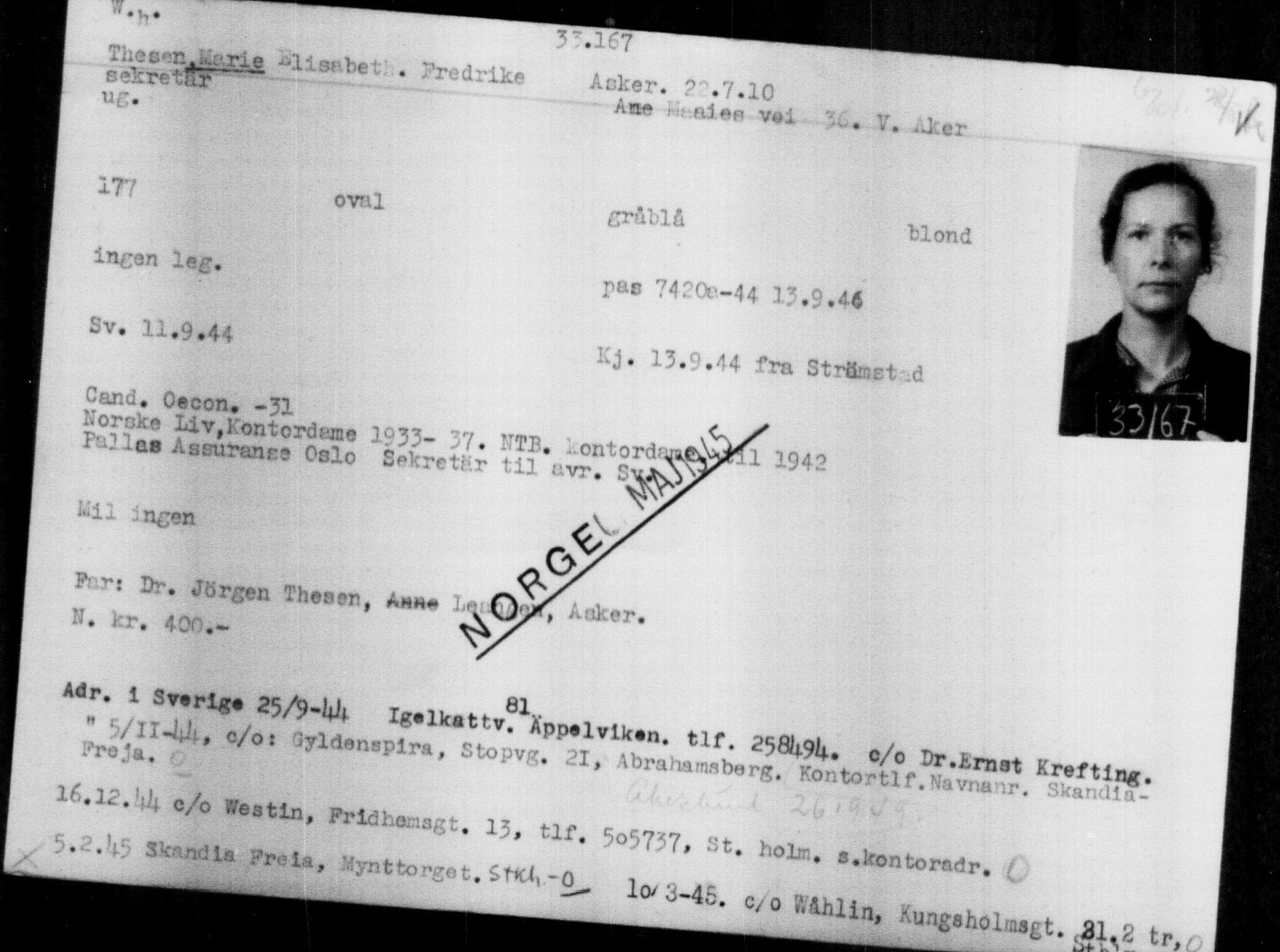 Utenriksstasjonene, Legasjonen i Stockholm, Flyktningkontoret, AV/RA-S-6753/V/Va/L0013: Kjesäterkartoteket, flyktninger med registreringsnr. 31500-34731, 1940-1945, p. 1752