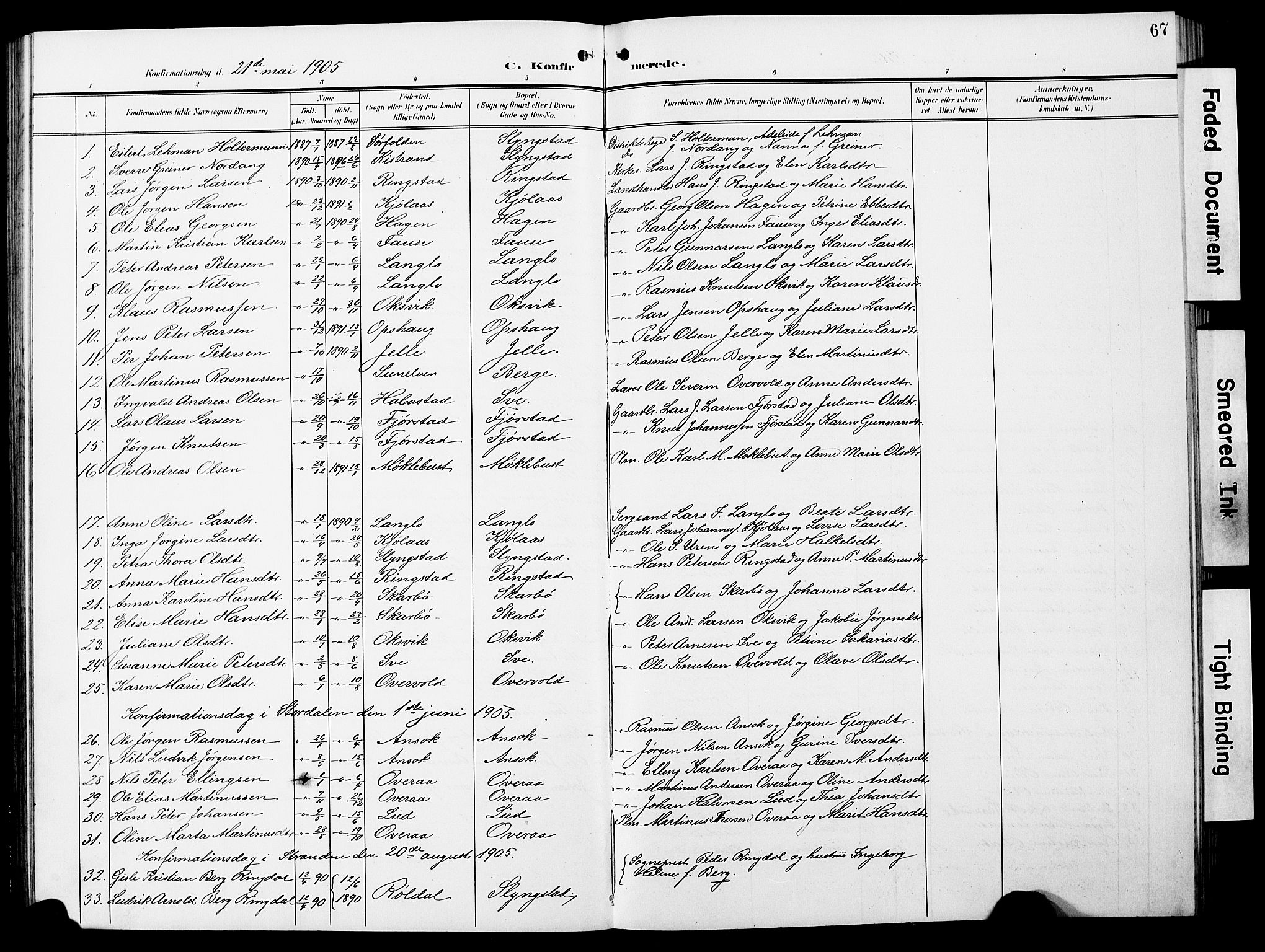 Ministerialprotokoller, klokkerbøker og fødselsregistre - Møre og Romsdal, AV/SAT-A-1454/520/L0293: Parish register (copy) no. 520C05, 1902-1923, p. 67