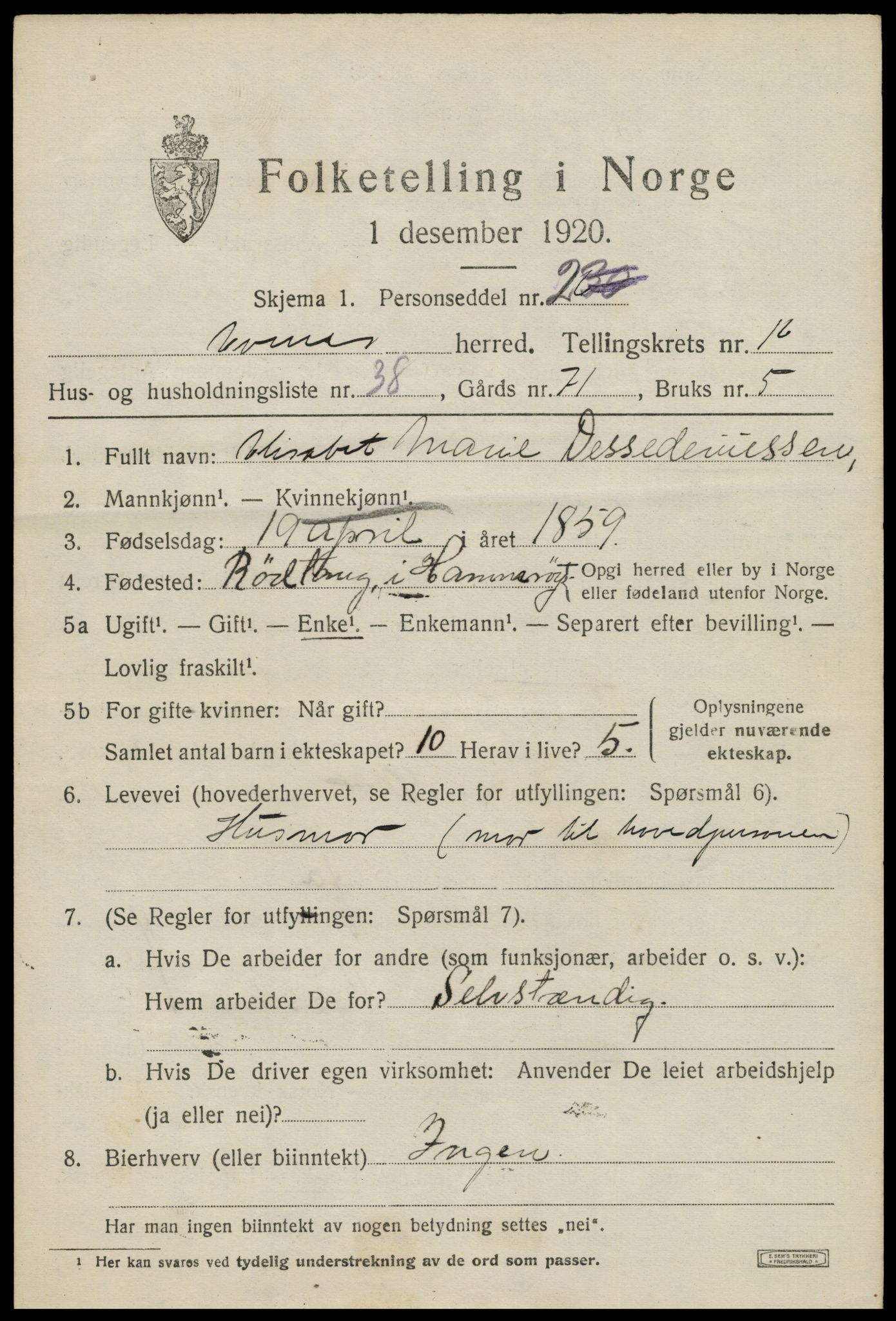 SAT, 1920 census for Evenes, 1920, p. 13642