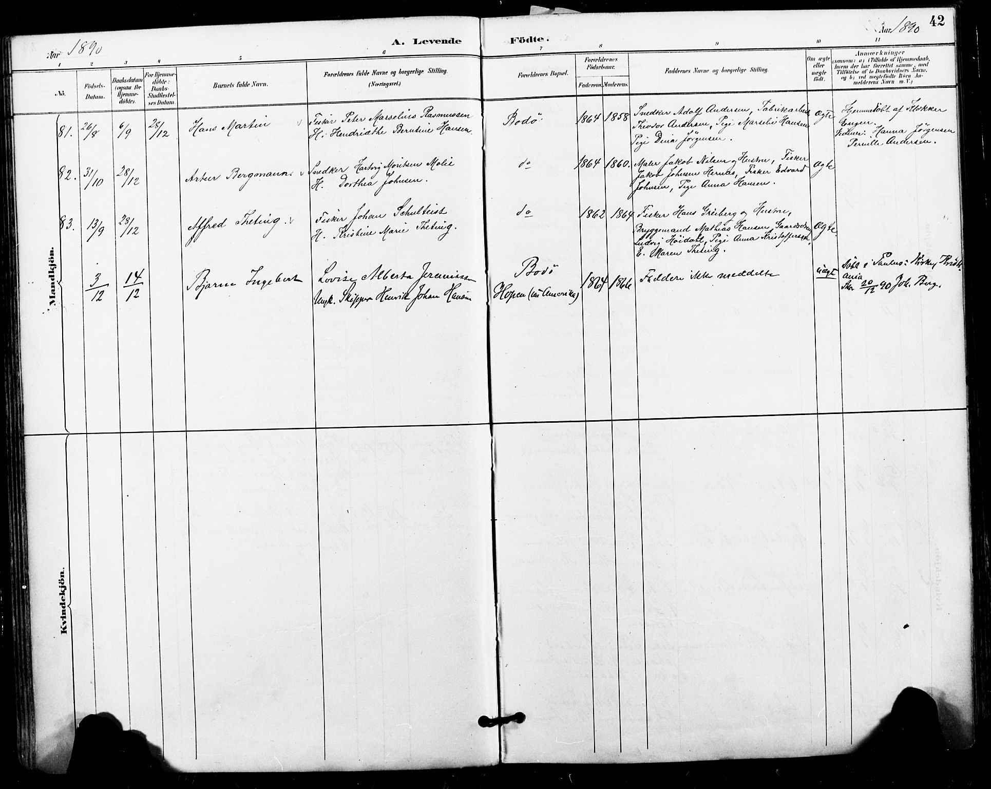 Ministerialprotokoller, klokkerbøker og fødselsregistre - Nordland, AV/SAT-A-1459/801/L0010: Parish register (official) no. 801A10, 1888-1899, p. 42