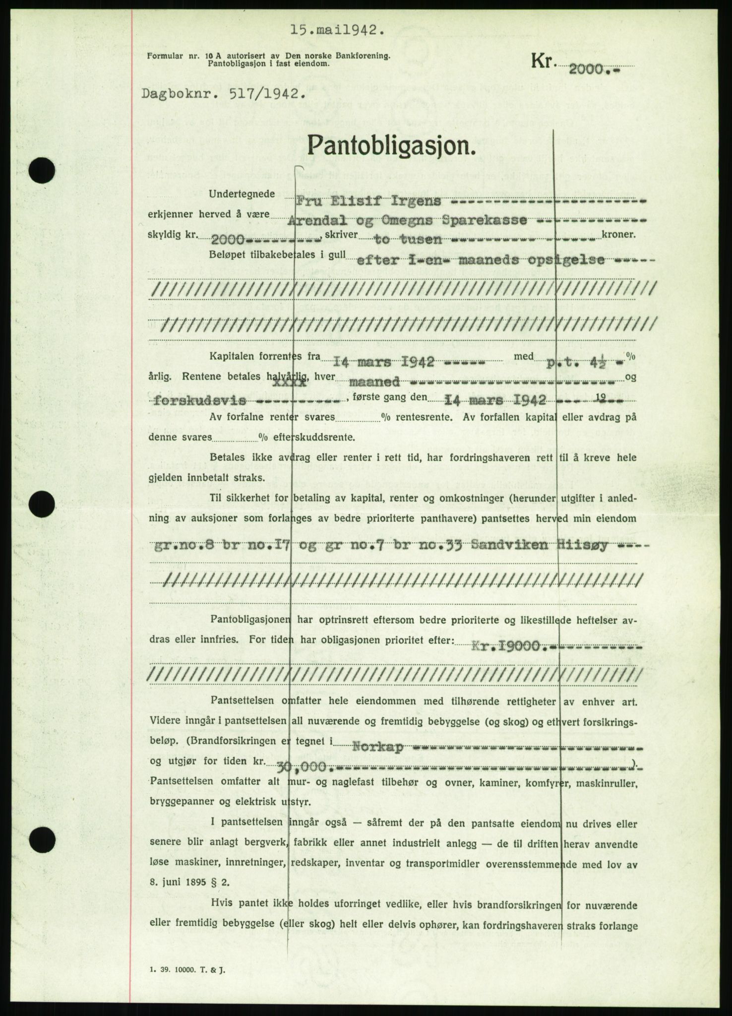 Nedenes sorenskriveri, AV/SAK-1221-0006/G/Gb/Gbb/L0002: Mortgage book no. II, 1942-1945, Diary no: : 517/1942