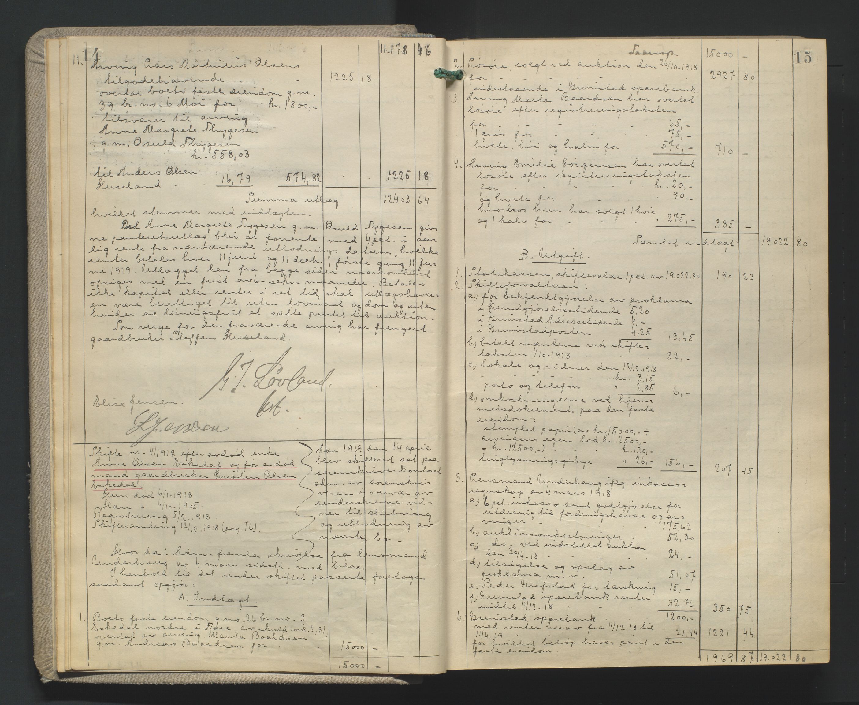 Vestre Nedenes/Sand sorenskriveri, AV/SAK-1221-0010/H/Hc/L0022: Skifteutlodningsprotokoll nr. 9, 1919-1932, p. 14-15