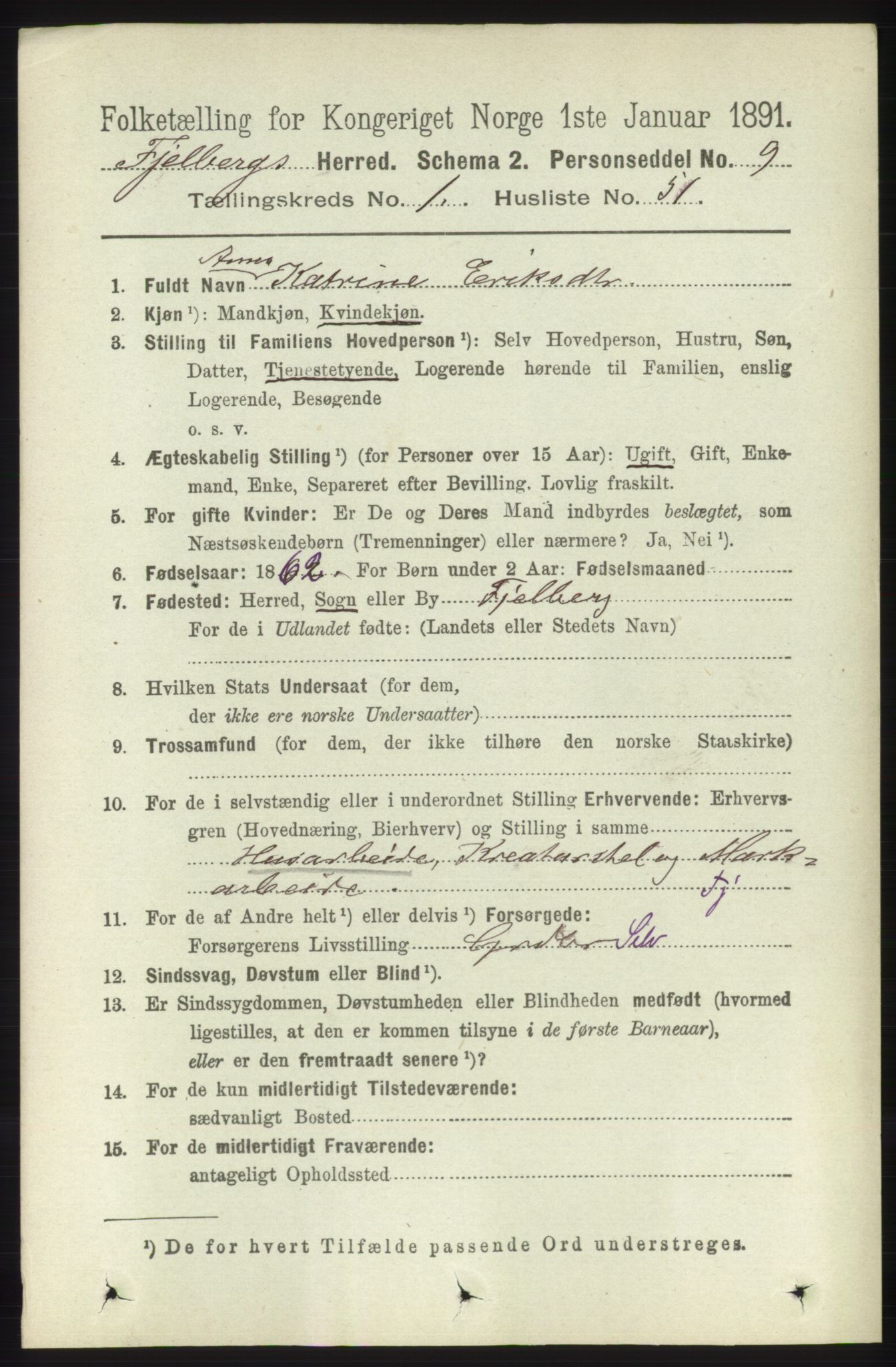 RA, 1891 census for 1213 Fjelberg, 1891, p. 367