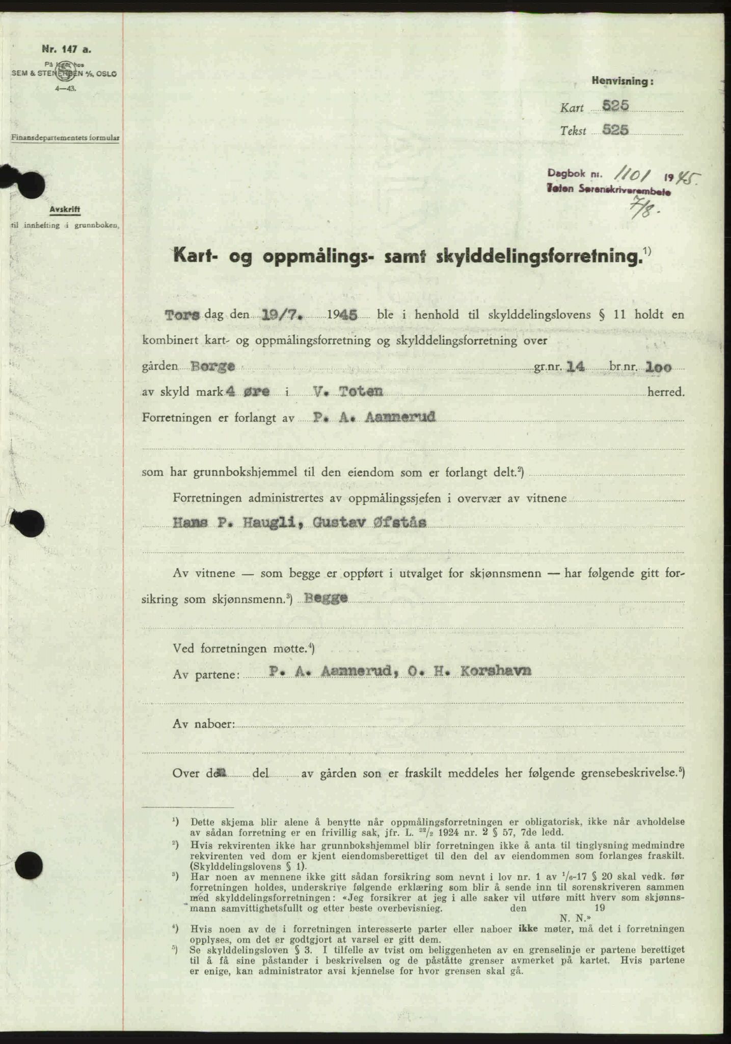 Toten tingrett, SAH/TING-006/H/Hb/Hbc/L0013: Mortgage book no. Hbc-13, 1945-1945, Diary no: : 1101/1945