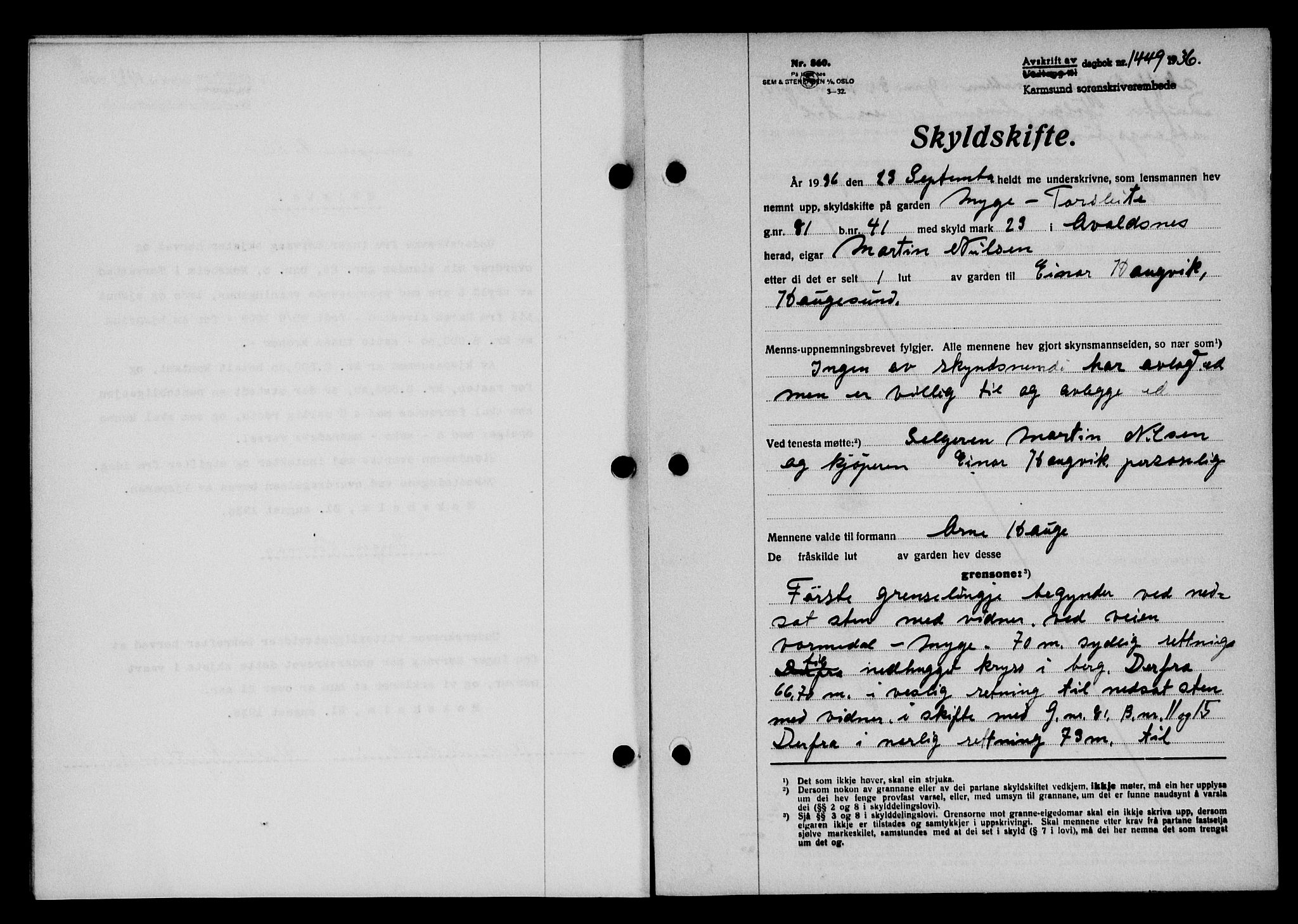 Karmsund sorenskriveri, SAST/A-100311/01/II/IIB/L0066: Mortgage book no. 47A, 1936-1936, Diary no: : 1449/1936