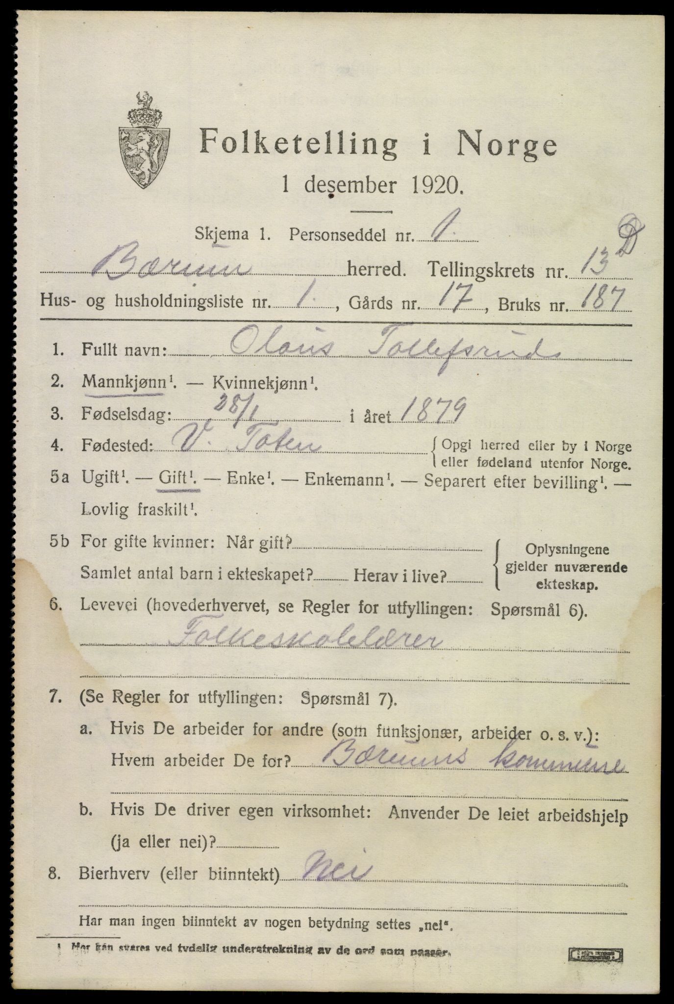 SAO, 1920 census for Bærum, 1920, p. 36384