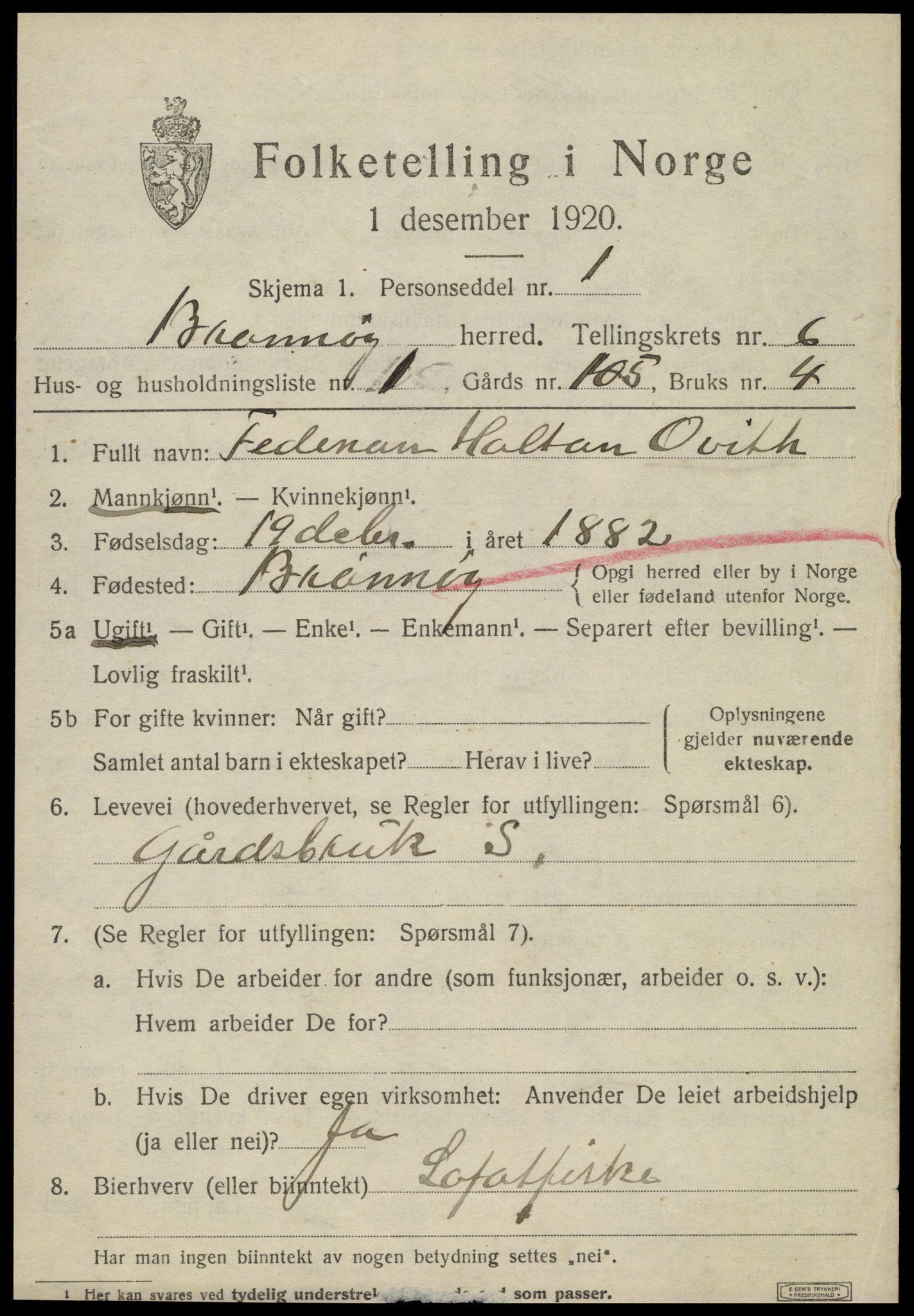 SAT, 1920 census for Brønnøy, 1920, p. 4324