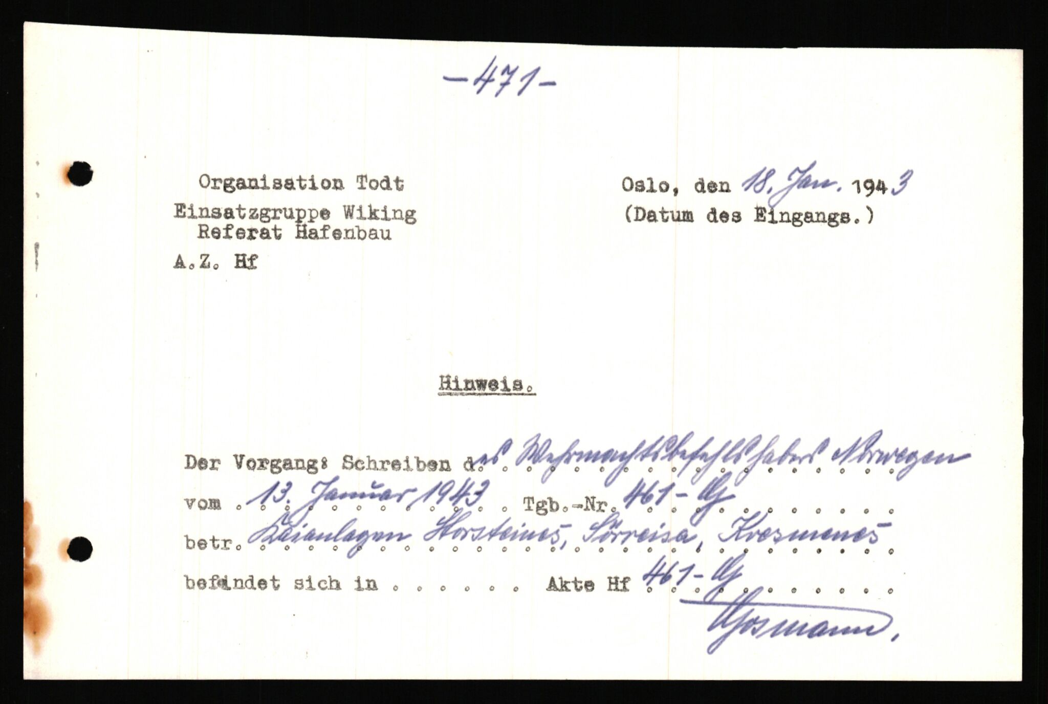 Tyske arkiver, Organisation Todt (OT), Einsatzgruppe Wiking, AV/RA-RAFA-2188/1/E/E6/E6a/L0008: Oberbauleitung Narvik: Arkivkode 451-483, 1940-1945, p. 94