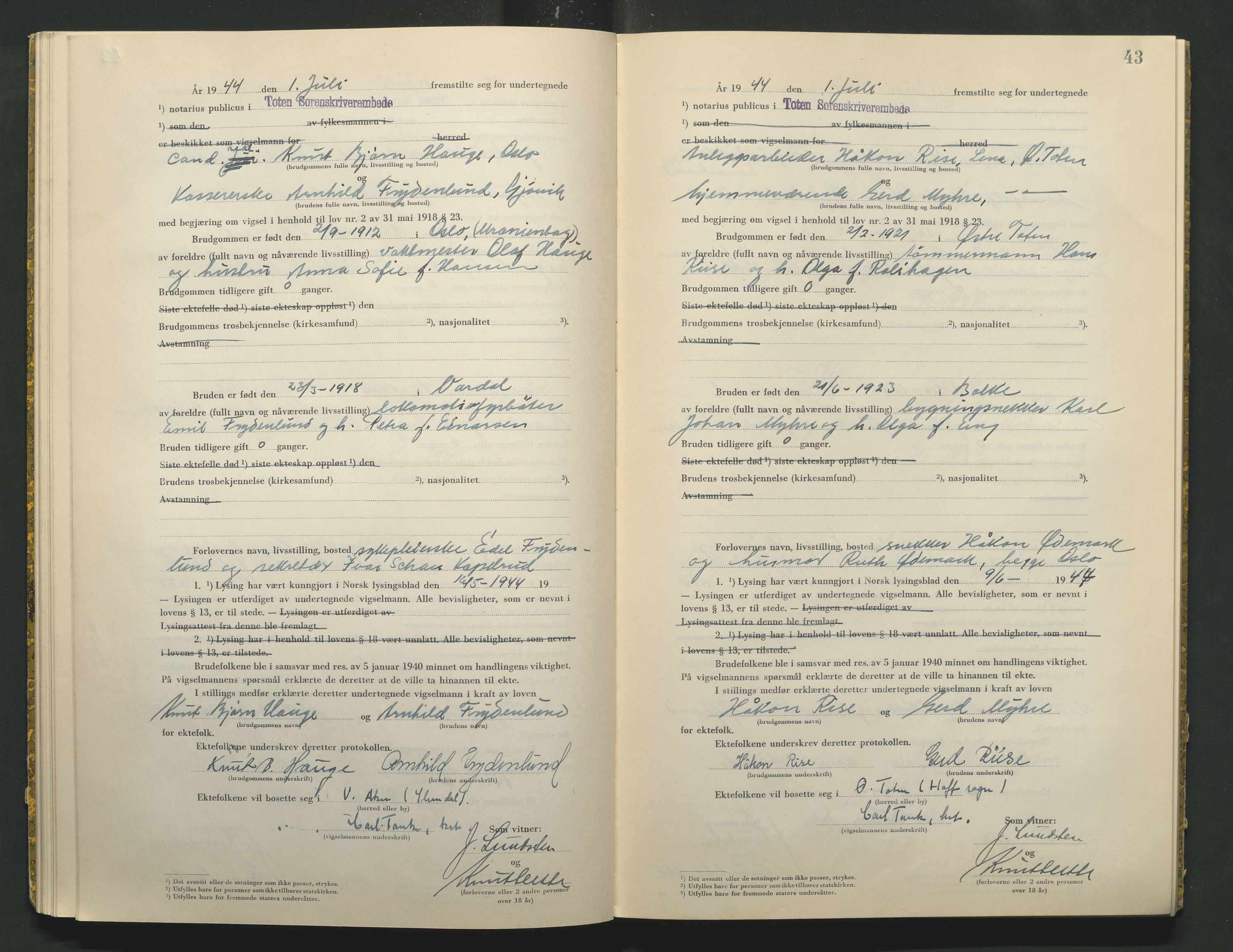 Toten tingrett, AV/SAH-TING-006/L/Lc/L0004: Vigselbok, 1944, p. 43