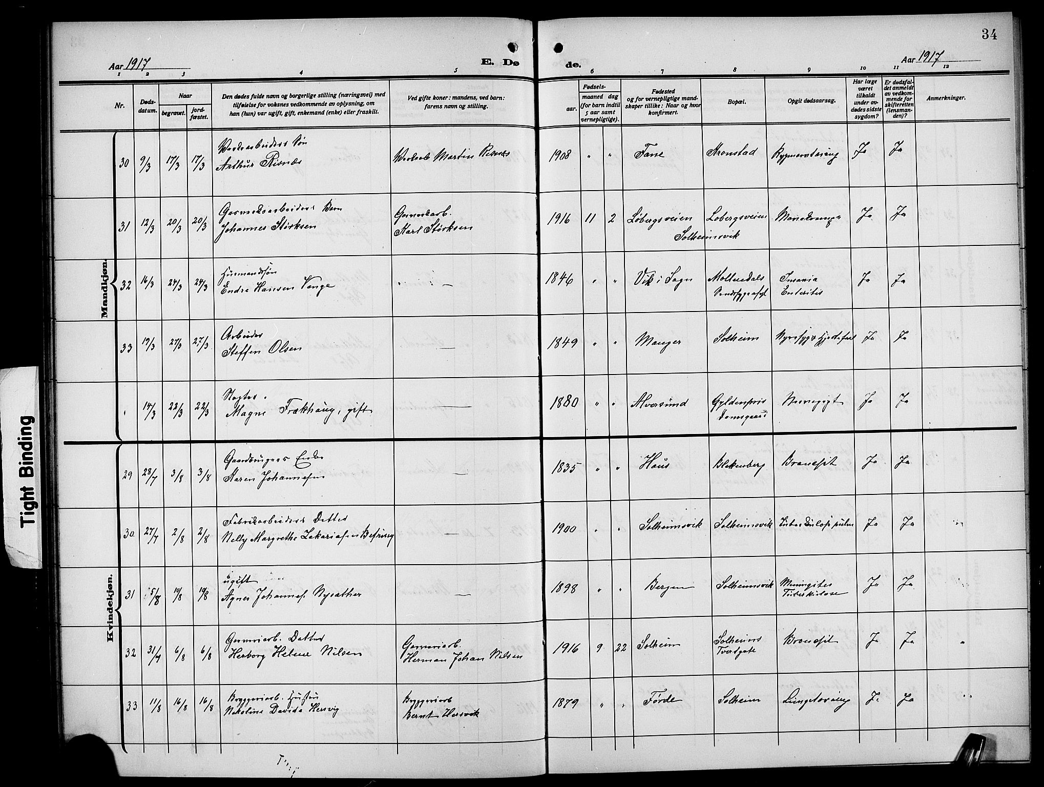 Årstad Sokneprestembete, AV/SAB-A-79301/H/Hab/L0024: Parish register (copy) no. D 1, 1915-1922, p. 34