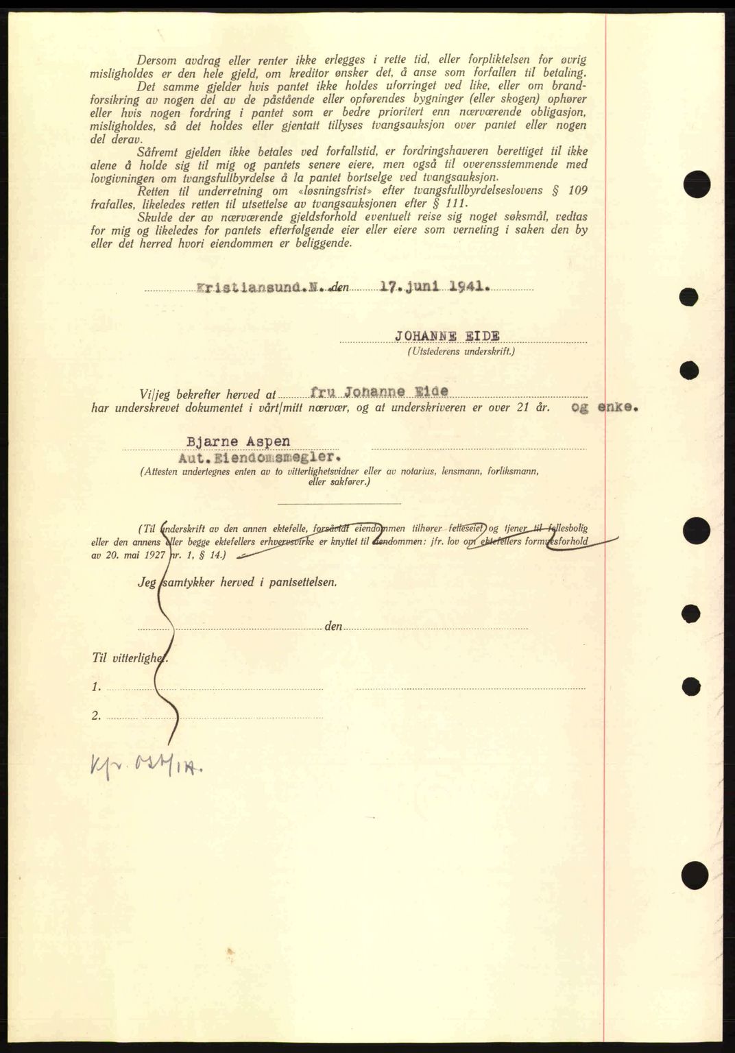 Nordmøre sorenskriveri, AV/SAT-A-4132/1/2/2Ca: Mortgage book no. B88, 1941-1942, Diary no: : 1064/1941