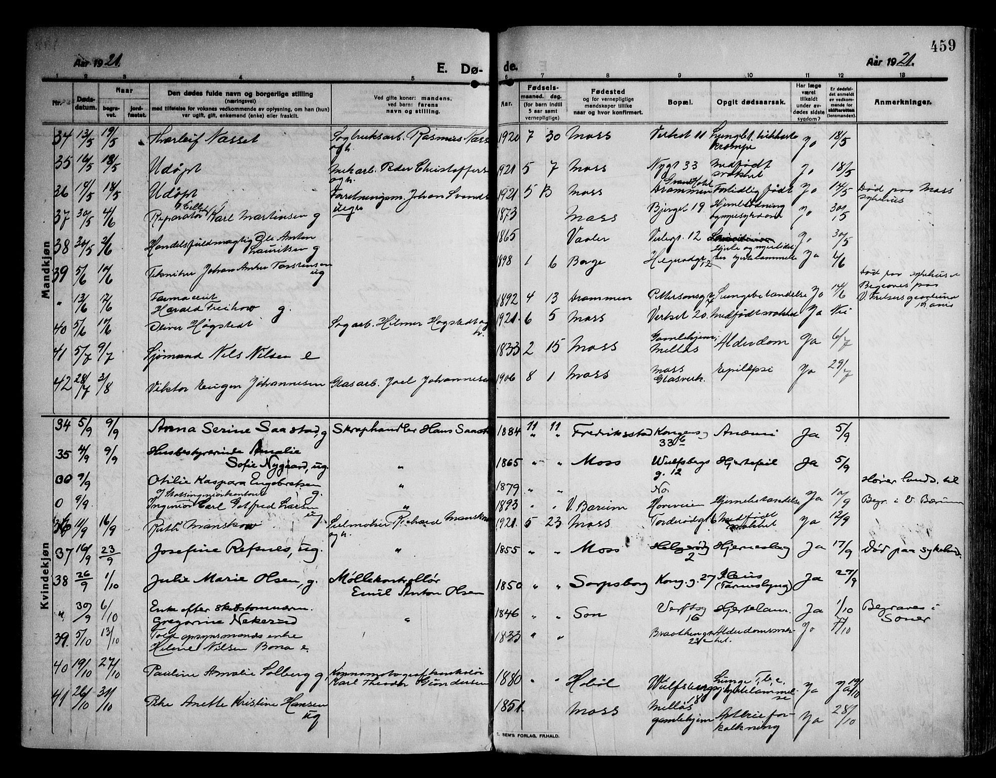 Moss prestekontor Kirkebøker, AV/SAO-A-2003/F/Fb/L0005: Parish register (official) no. II 5, 1913-1923, p. 459