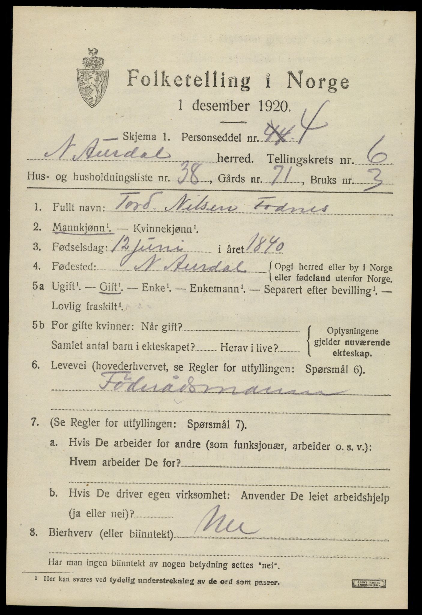 SAH, 1920 census for Nord-Aurdal, 1920, p. 5954