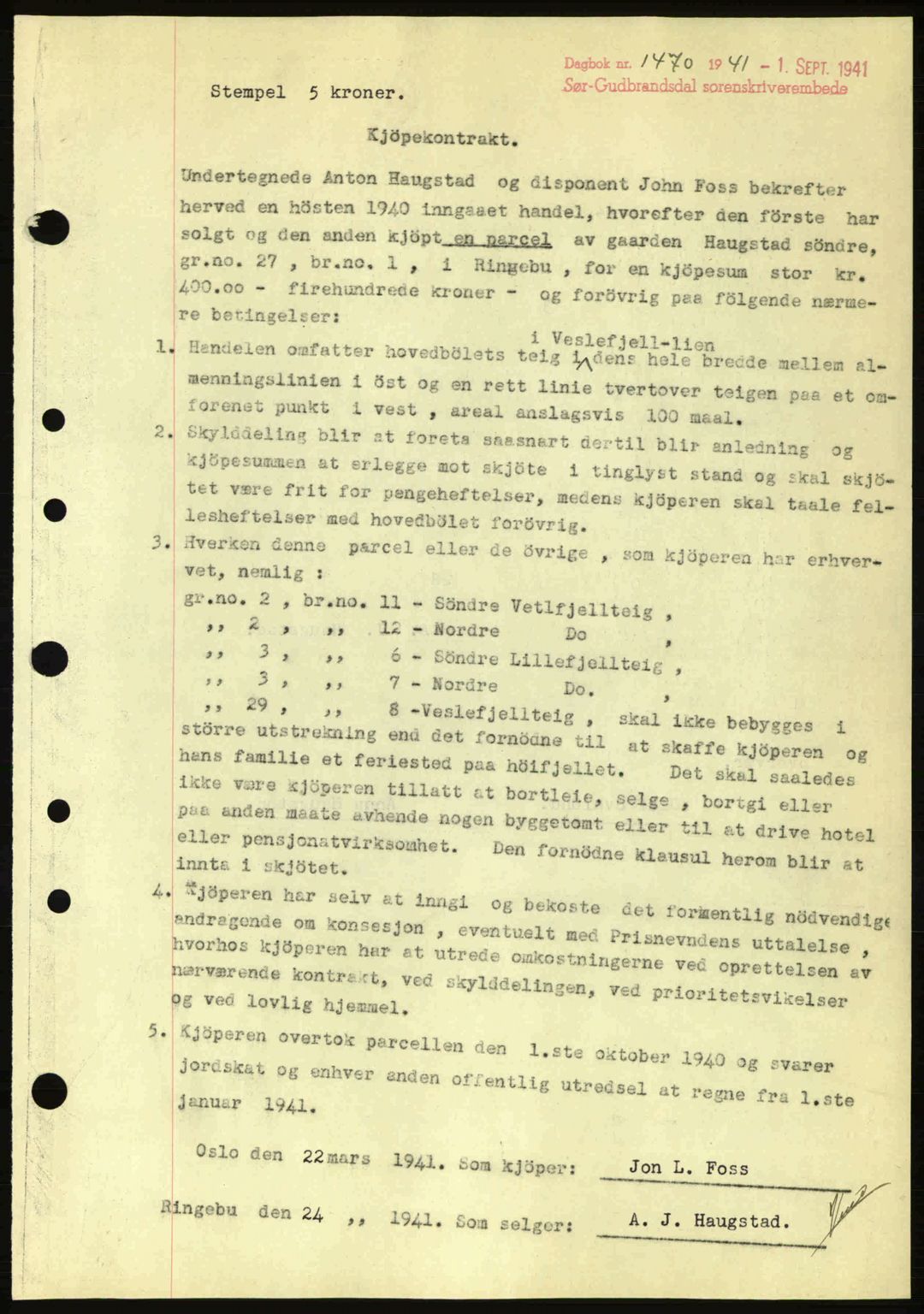 Sør-Gudbrandsdal tingrett, SAH/TING-004/H/Hb/Hbd/L0009: Mortgage book no. A9, 1941-1941, Diary no: : 1470/1941