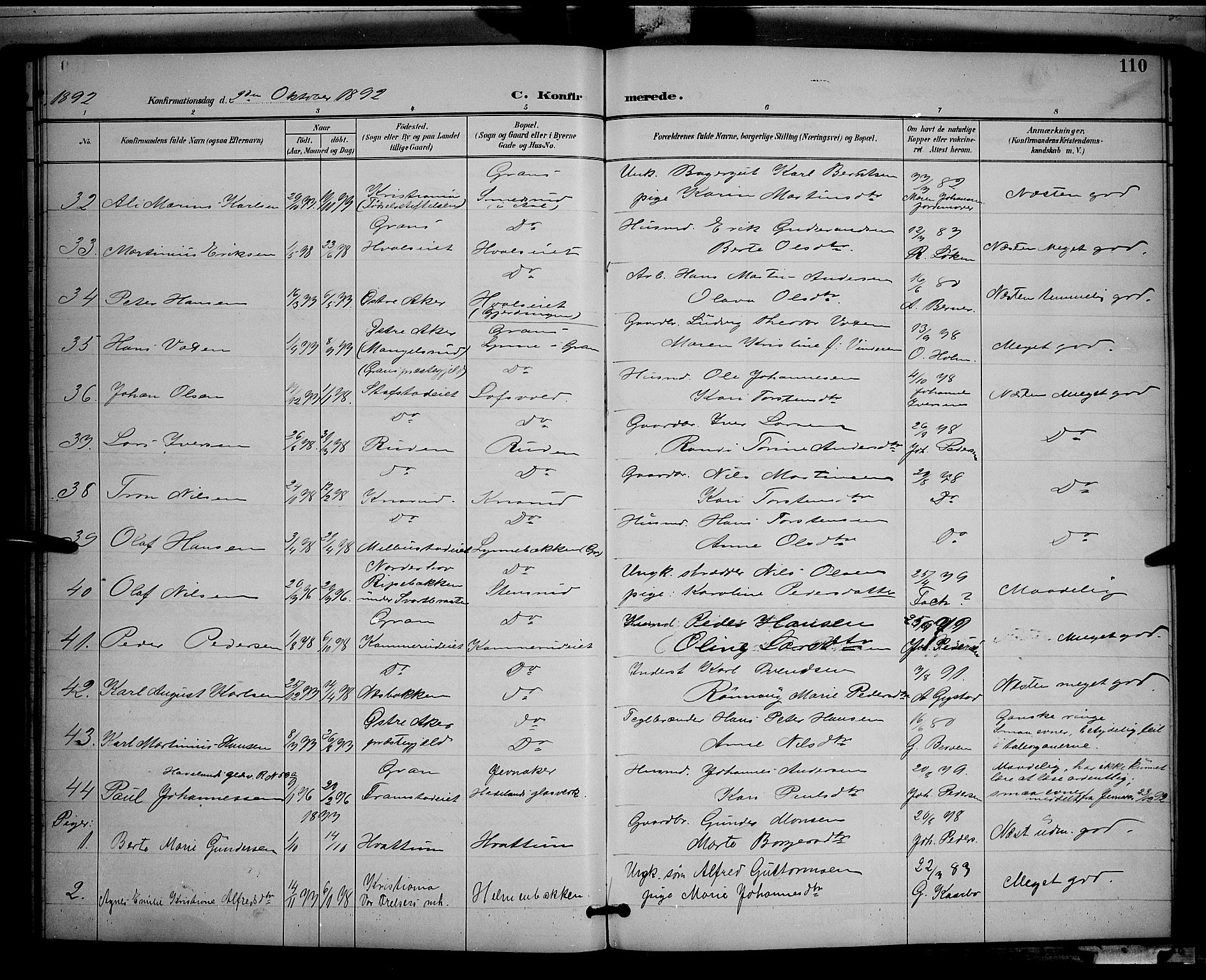 Gran prestekontor, AV/SAH-PREST-112/H/Ha/Hab/L0005: Parish register (copy) no. 5, 1892-1900, p. 110