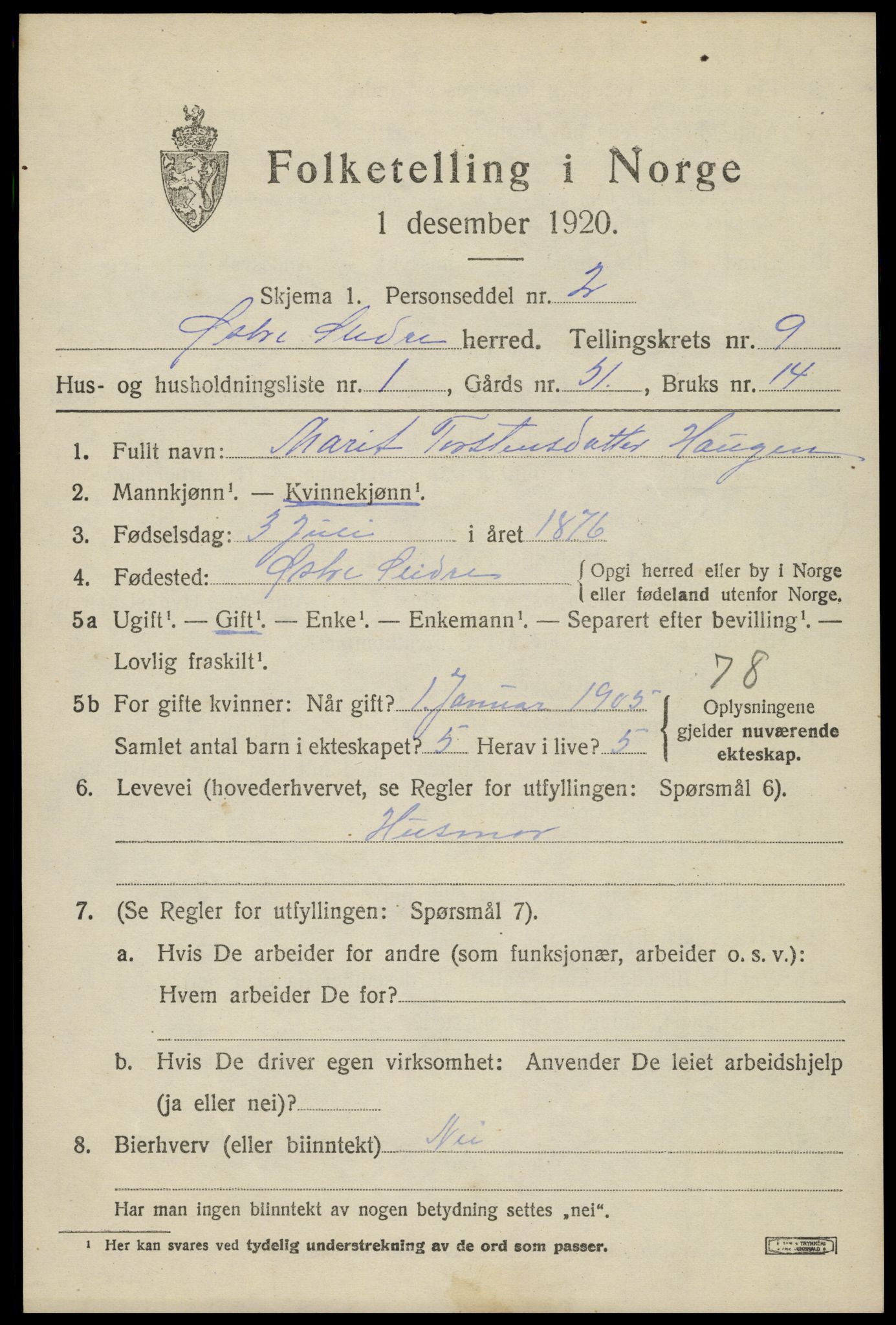 SAH, 1920 census for Øystre Slidre, 1920, p. 5883