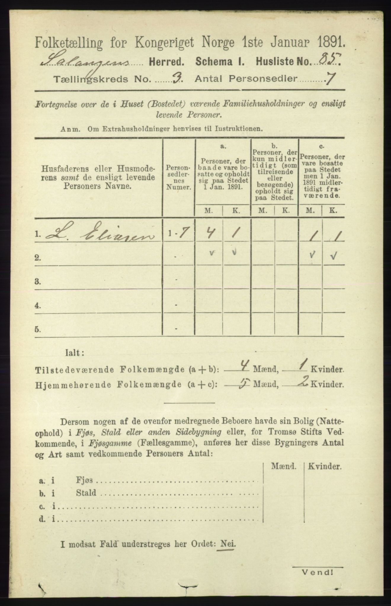 RA, 1891 census for 1921 Salangen, 1891, p. 1223