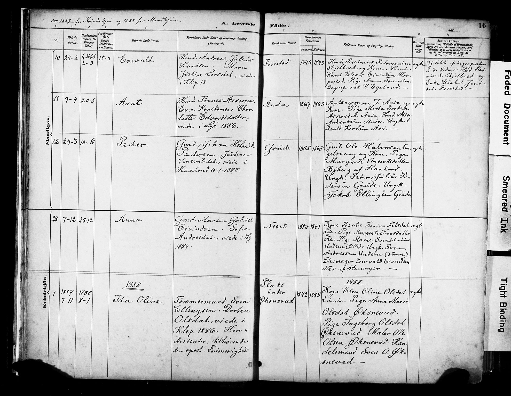 Klepp sokneprestkontor, SAST/A-101803/001/3/30BA/L0009: Parish register (official) no. A 7, 1886-1915, p. 16