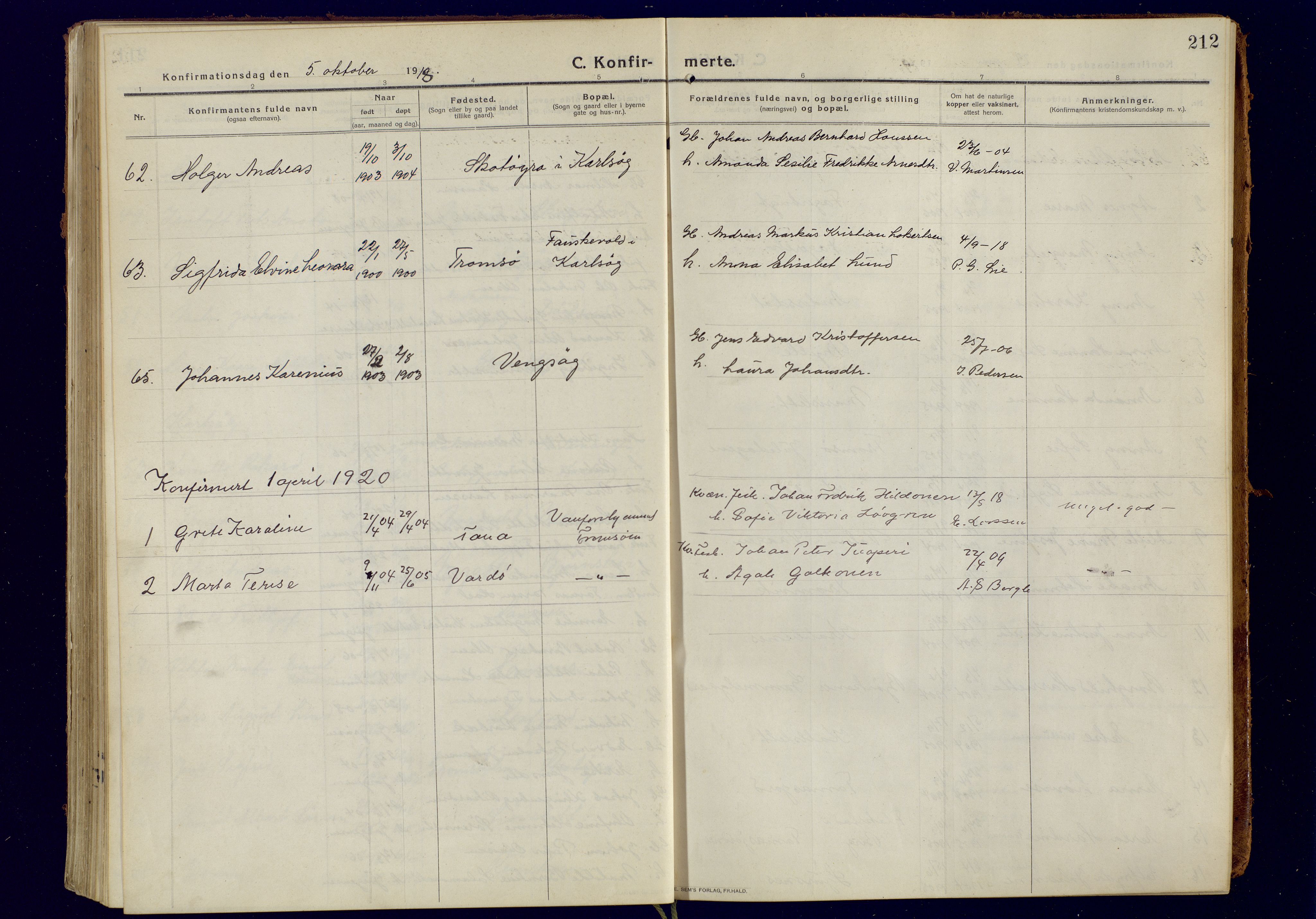 Tromsøysund sokneprestkontor, AV/SATØ-S-1304/G/Ga/L0008kirke: Parish register (official) no. 8, 1914-1922, p. 212