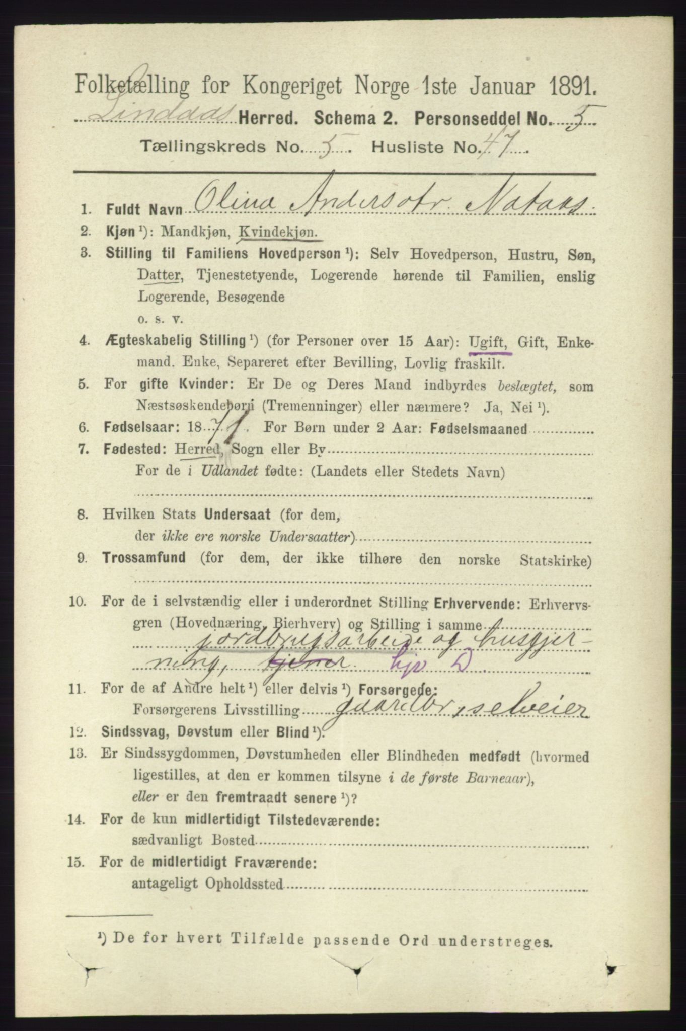 RA, 1891 census for 1263 Lindås, 1891, p. 1815