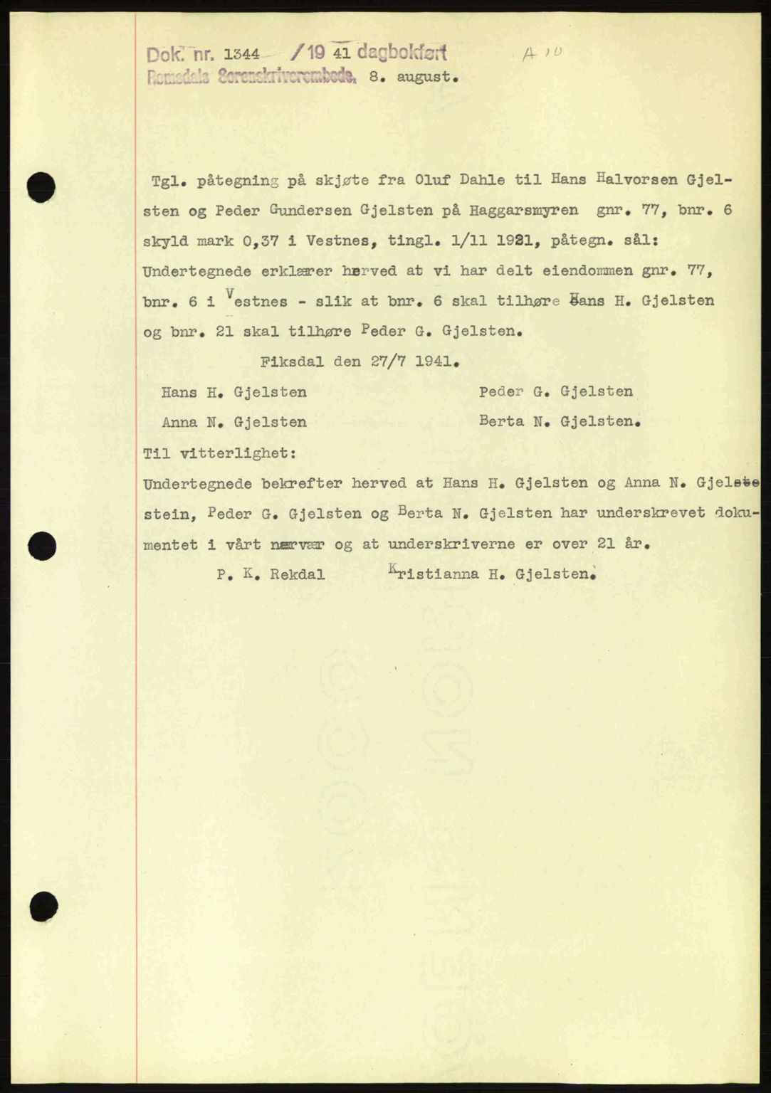 Romsdal sorenskriveri, AV/SAT-A-4149/1/2/2C: Mortgage book no. A10, 1941-1941, Diary no: : 1344/1941