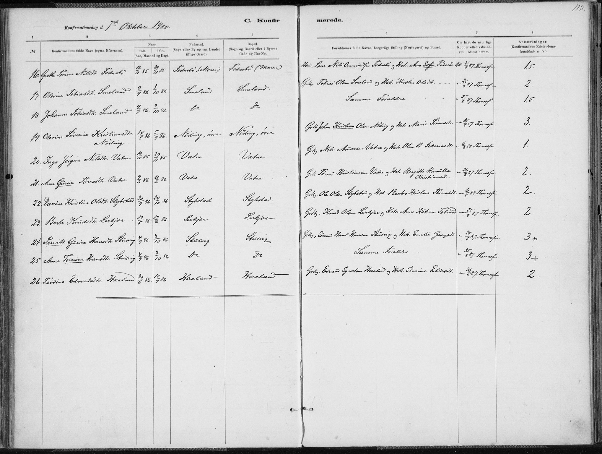 Holum sokneprestkontor, SAK/1111-0022/F/Fa/Faa/L0007: Parish register (official) no. A 7, 1884-1907, p. 113