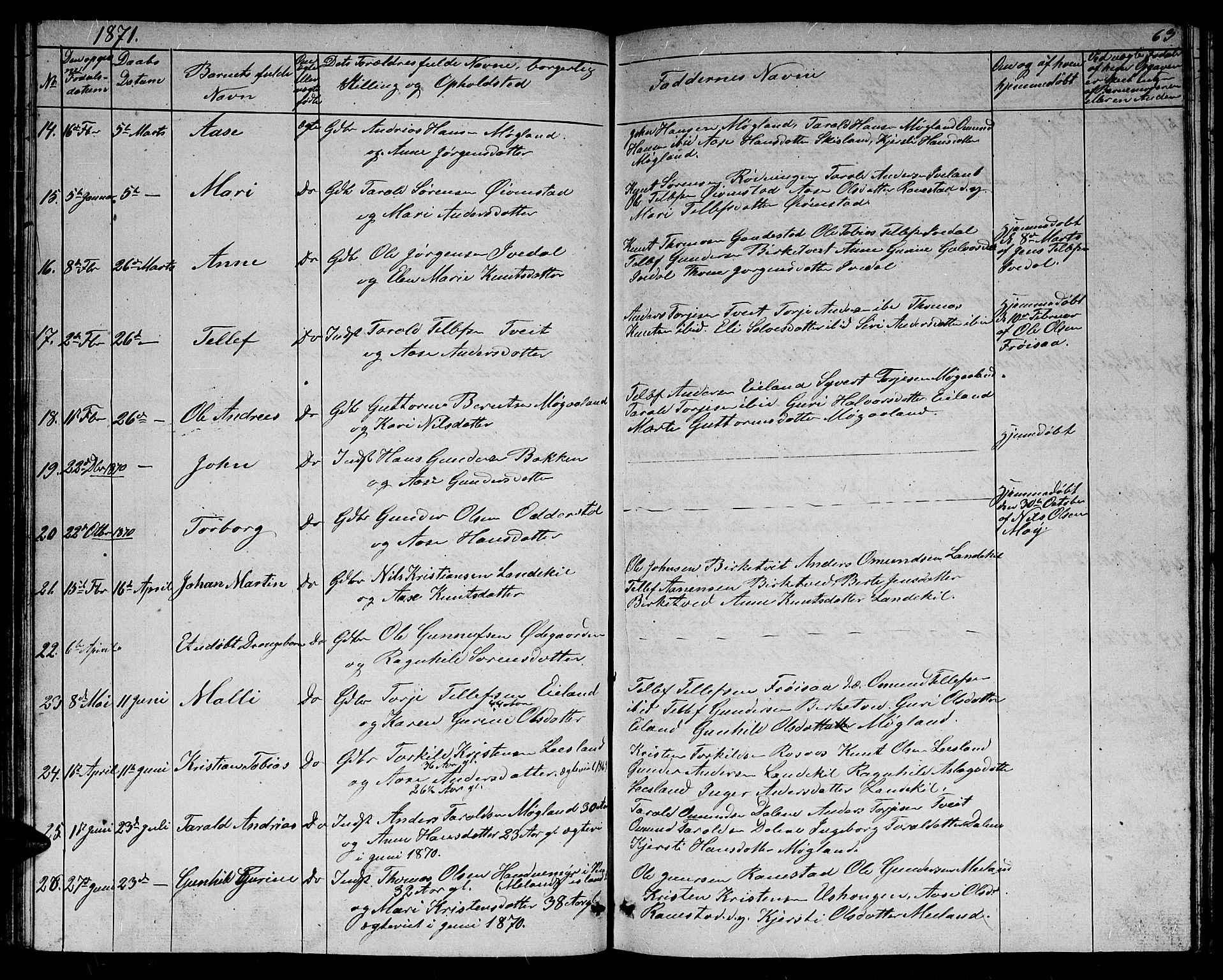 Evje sokneprestkontor, AV/SAK-1111-0008/F/Fb/Fbc/L0002: Parish register (copy) no. B 2, 1849-1876, p. 63