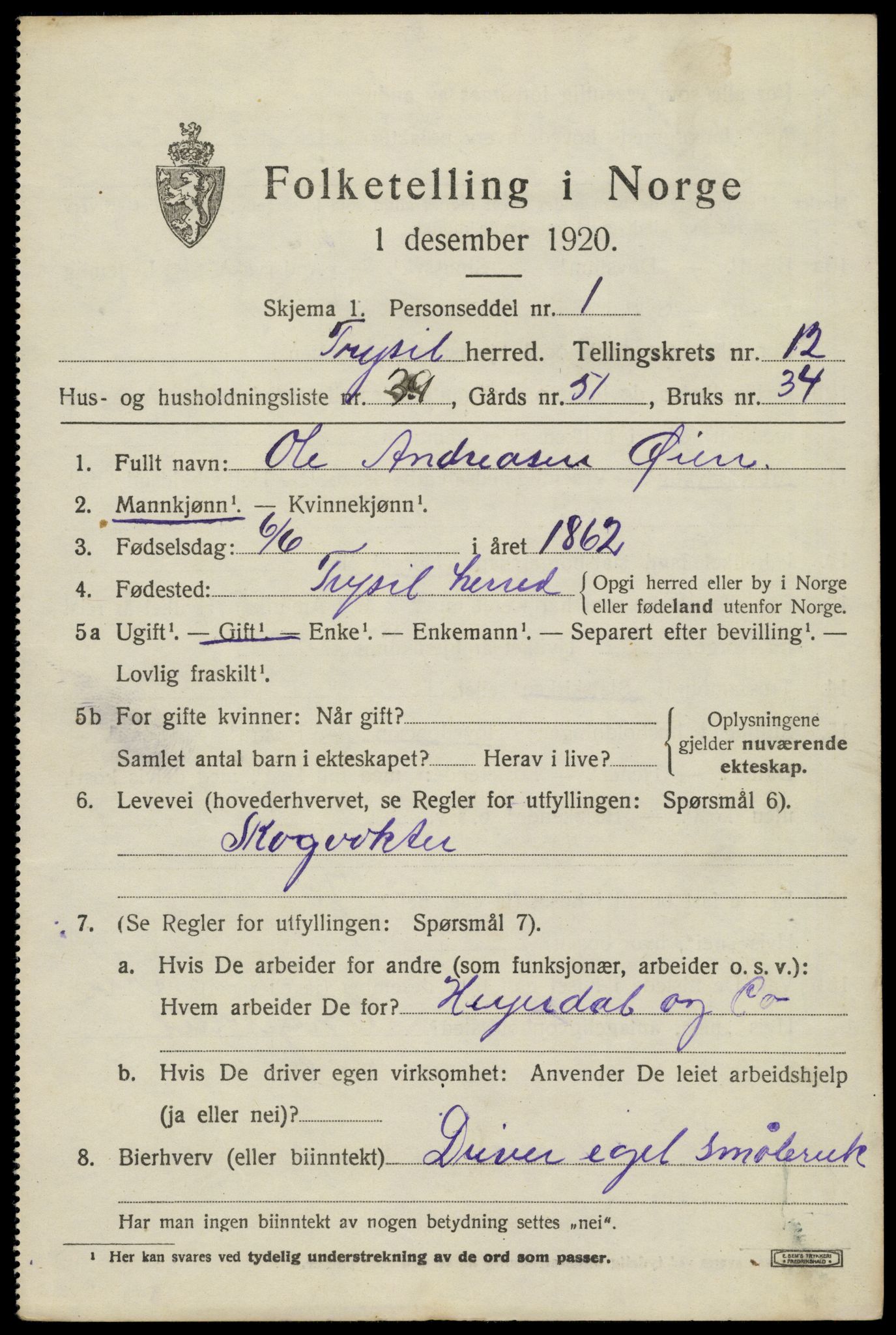 SAH, 1920 census for Trysil, 1920, p. 7619