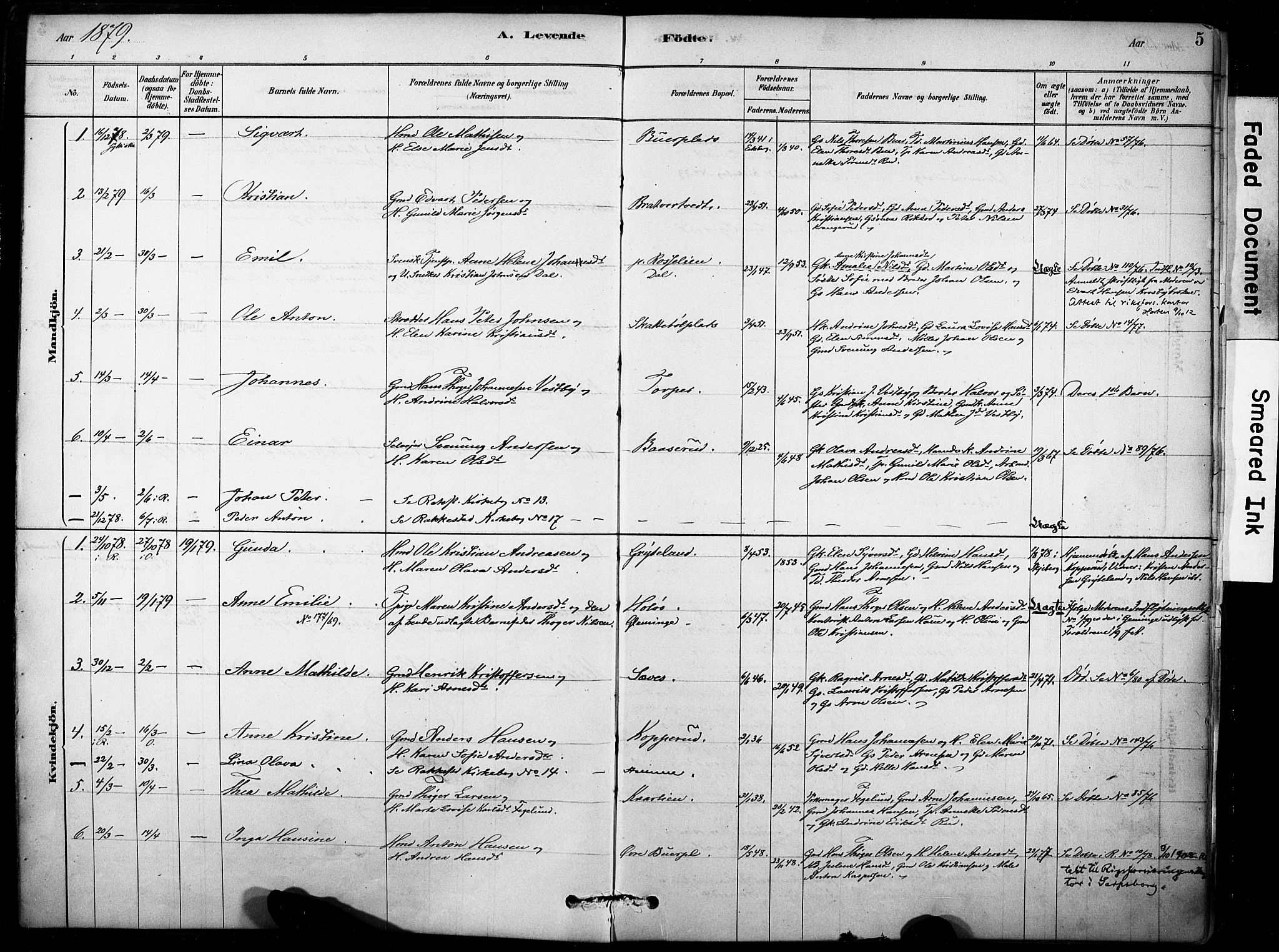 Rakkestad prestekontor Kirkebøker, SAO/A-2008/F/Fc/L0001: Parish register (official) no. III 1, 1878-1905, p. 5