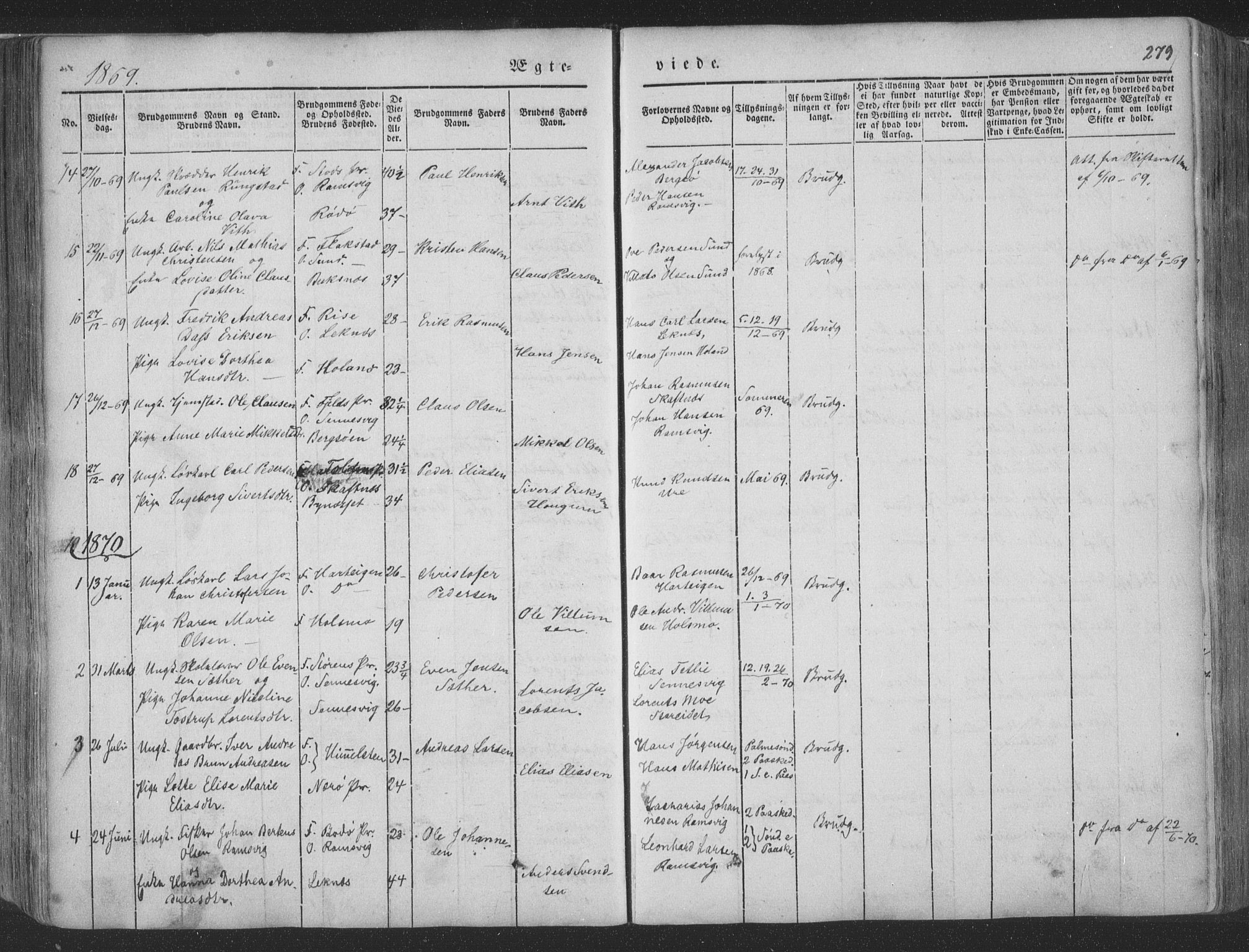 Ministerialprotokoller, klokkerbøker og fødselsregistre - Nordland, AV/SAT-A-1459/881/L1165: Parish register (copy) no. 881C02, 1854-1876, p. 279