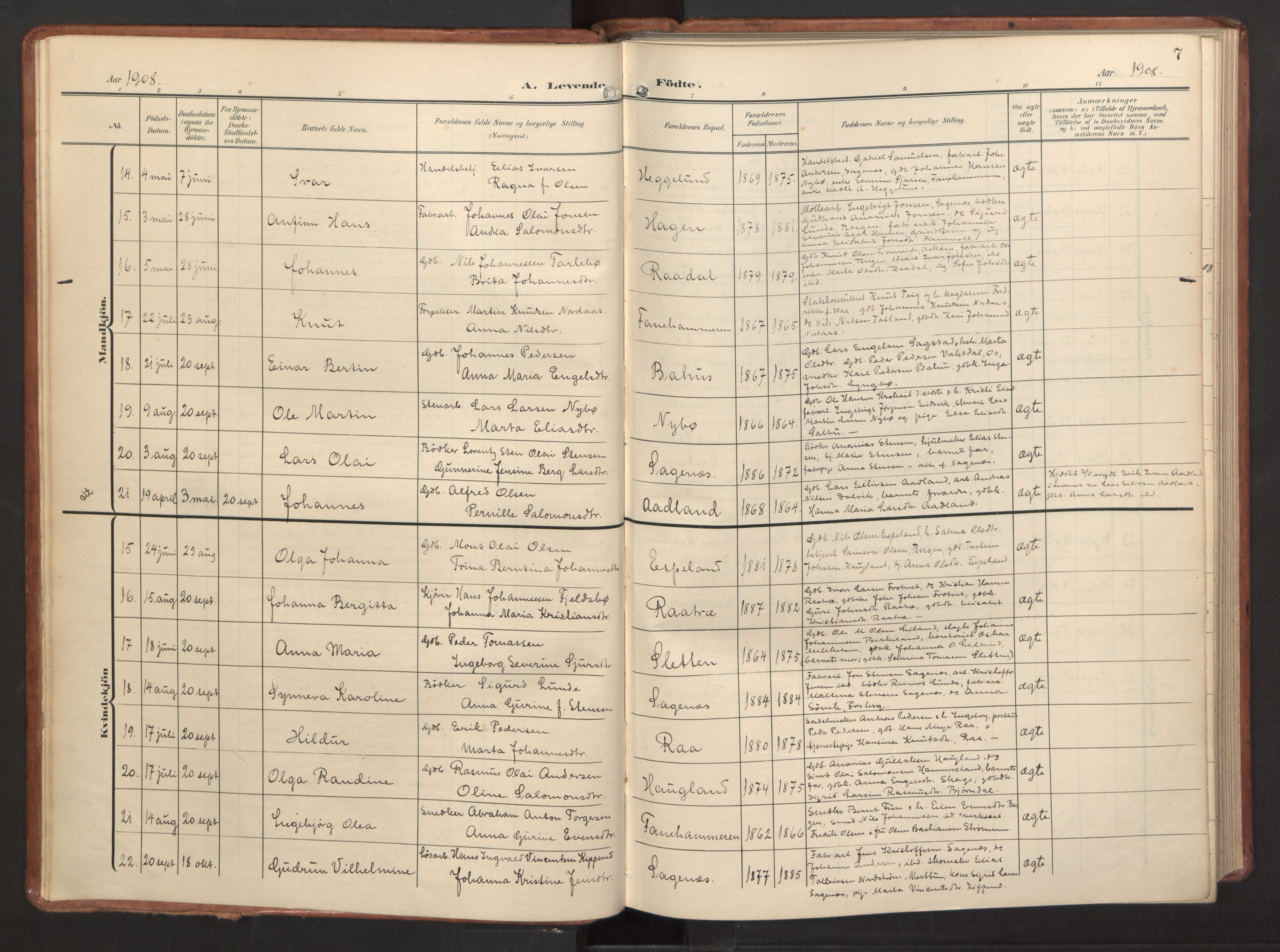 Fana Sokneprestembete, AV/SAB-A-75101/H/Haa/Haab/L0004: Parish register (official) no. B 4, 1908-1915, p. 7