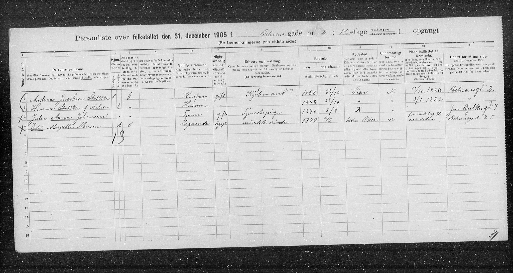 OBA, Municipal Census 1905 for Kristiania, 1905, p. 1714