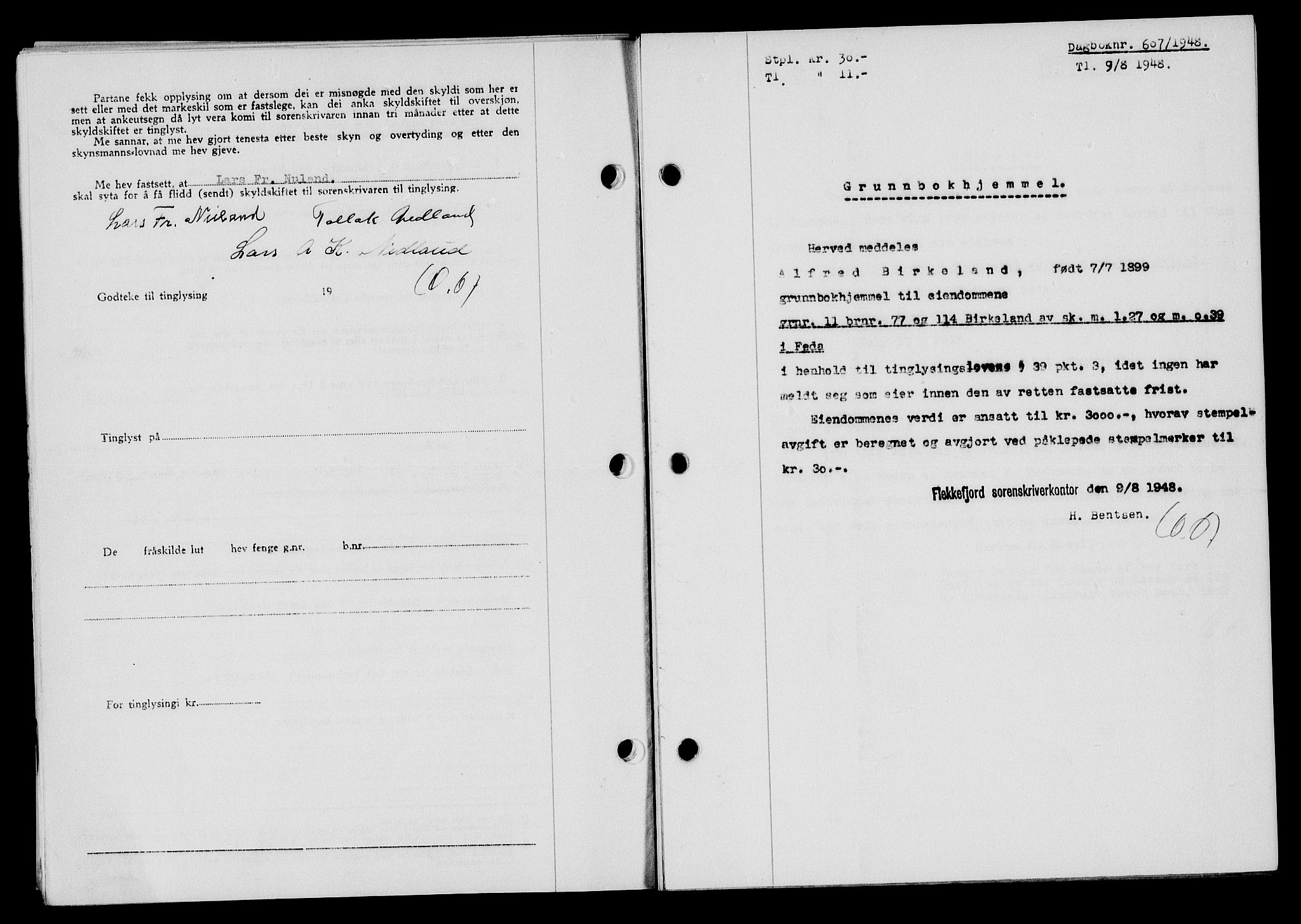 Flekkefjord sorenskriveri, SAK/1221-0001/G/Gb/Gba/L0064: Mortgage book no. A-12, 1948-1949, Diary no: : 607/1948