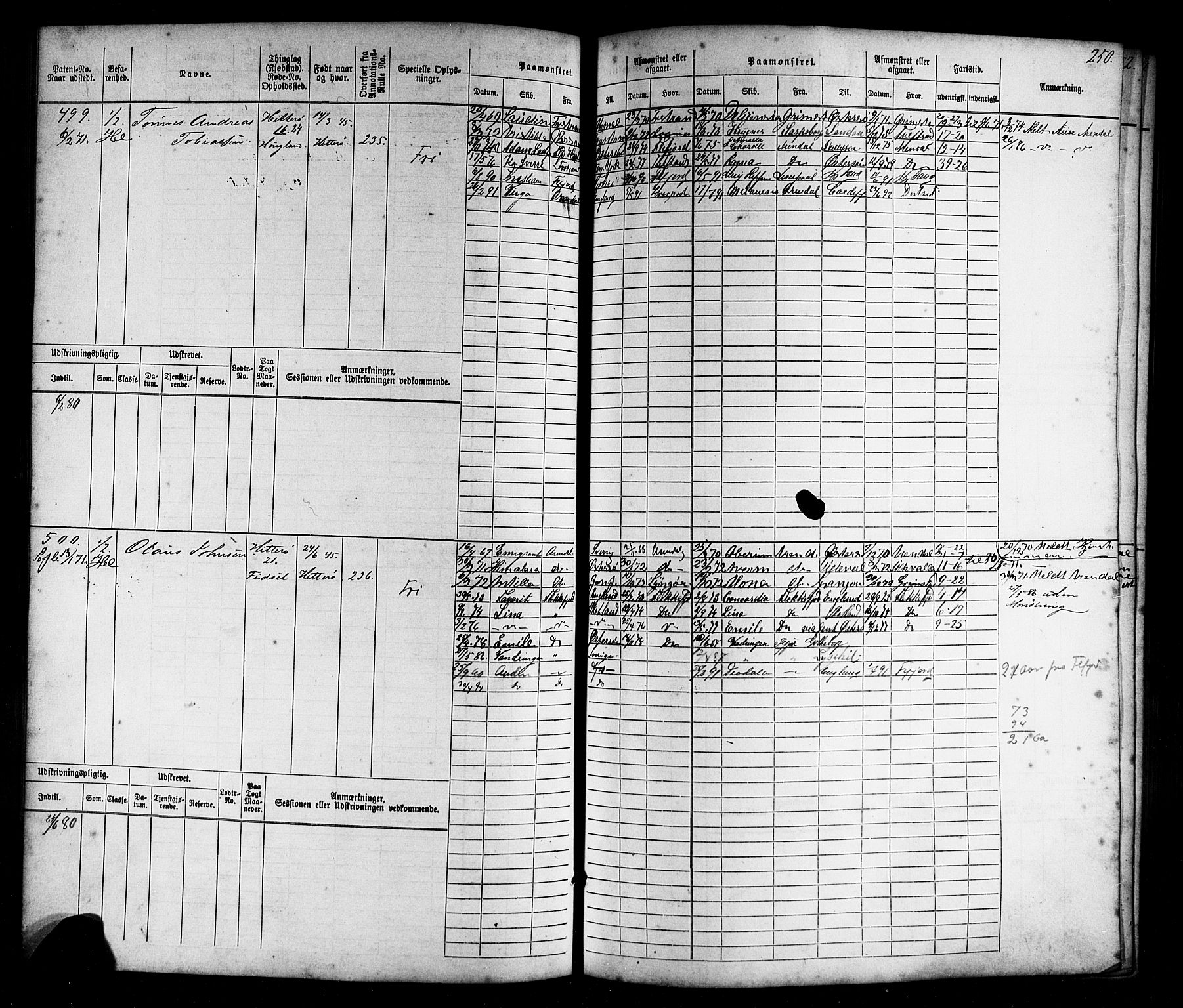 Flekkefjord mønstringskrets, AV/SAK-2031-0018/F/Fb/L0008: Hovedrulle nr 1-770, Æ-5, 1867-1900, p. 256