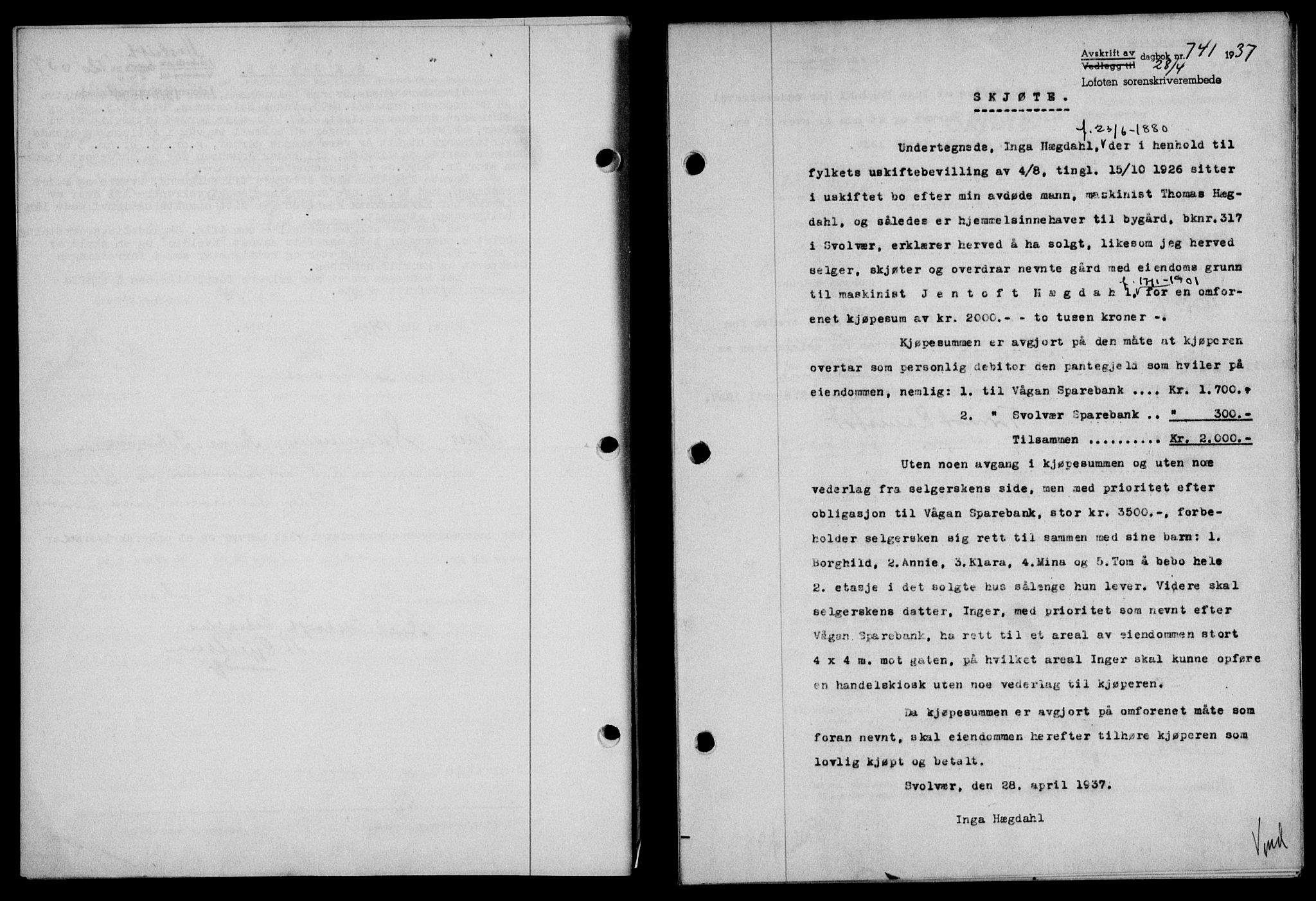 Lofoten sorenskriveri, SAT/A-0017/1/2/2C/L0002a: Mortgage book no. 2a, 1937-1937, Diary no: : 741/1937