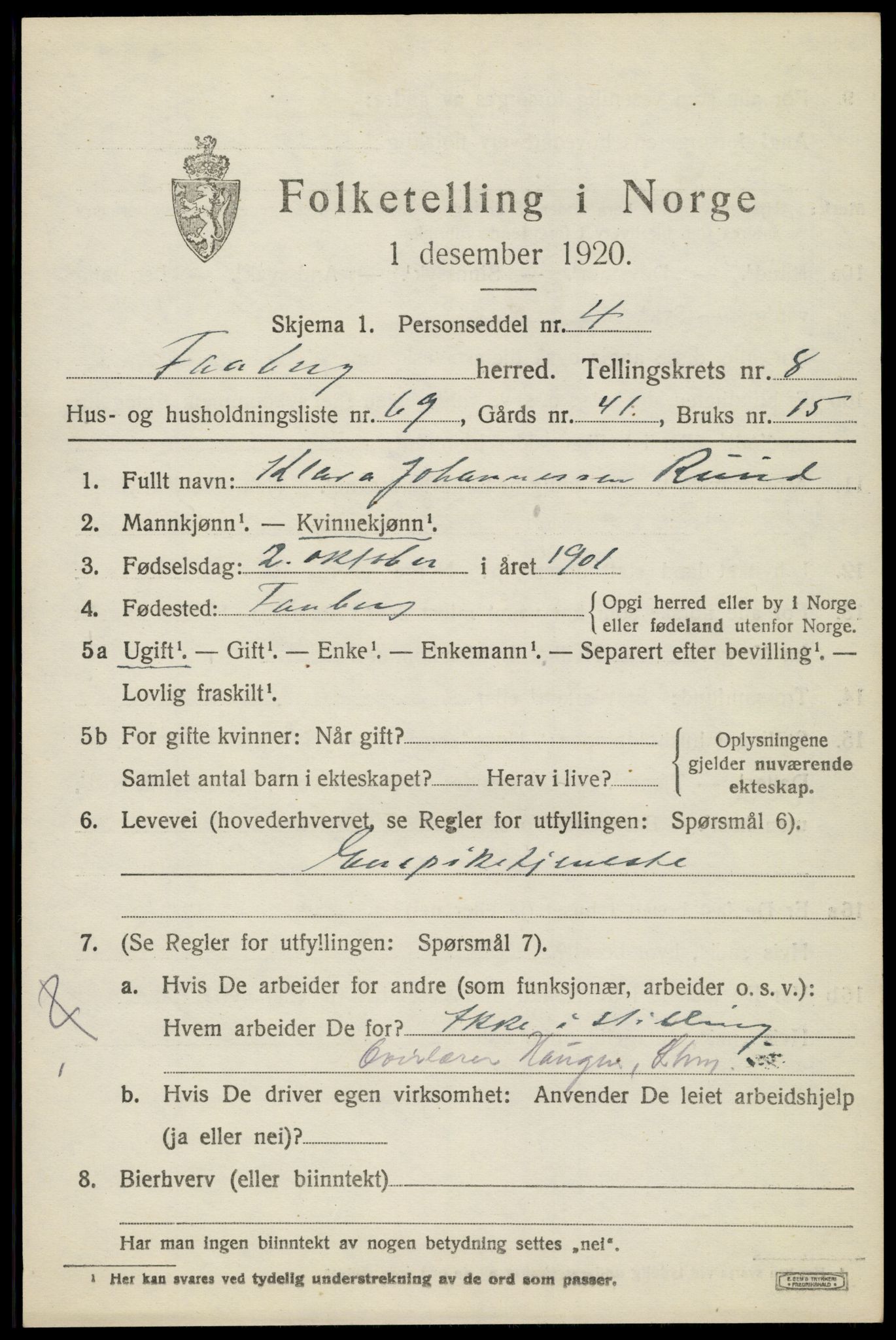 SAH, 1920 census for Fåberg, 1920, p. 10032