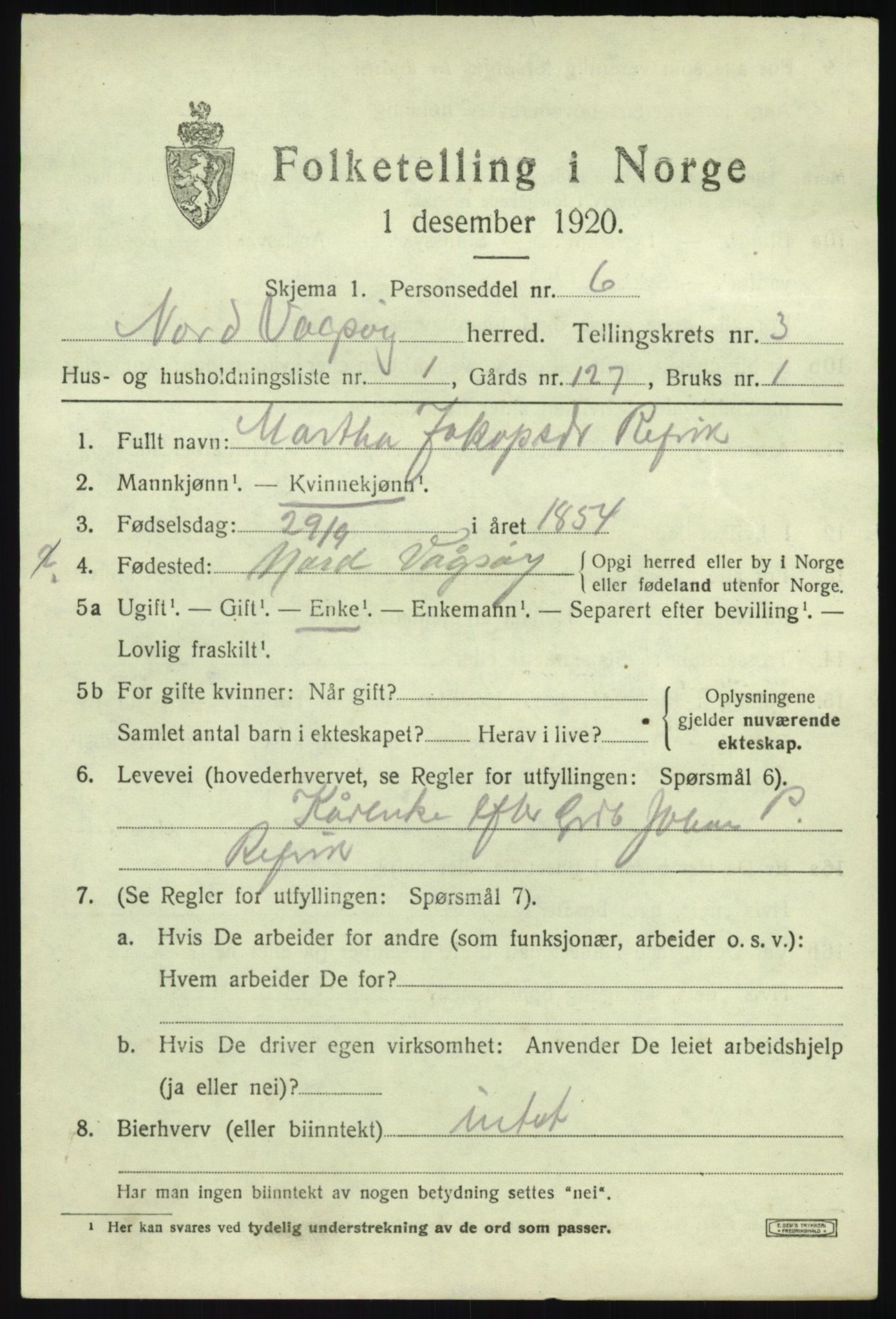 SAB, 1920 census for Nord-Vågsøy, 1920, p. 1034