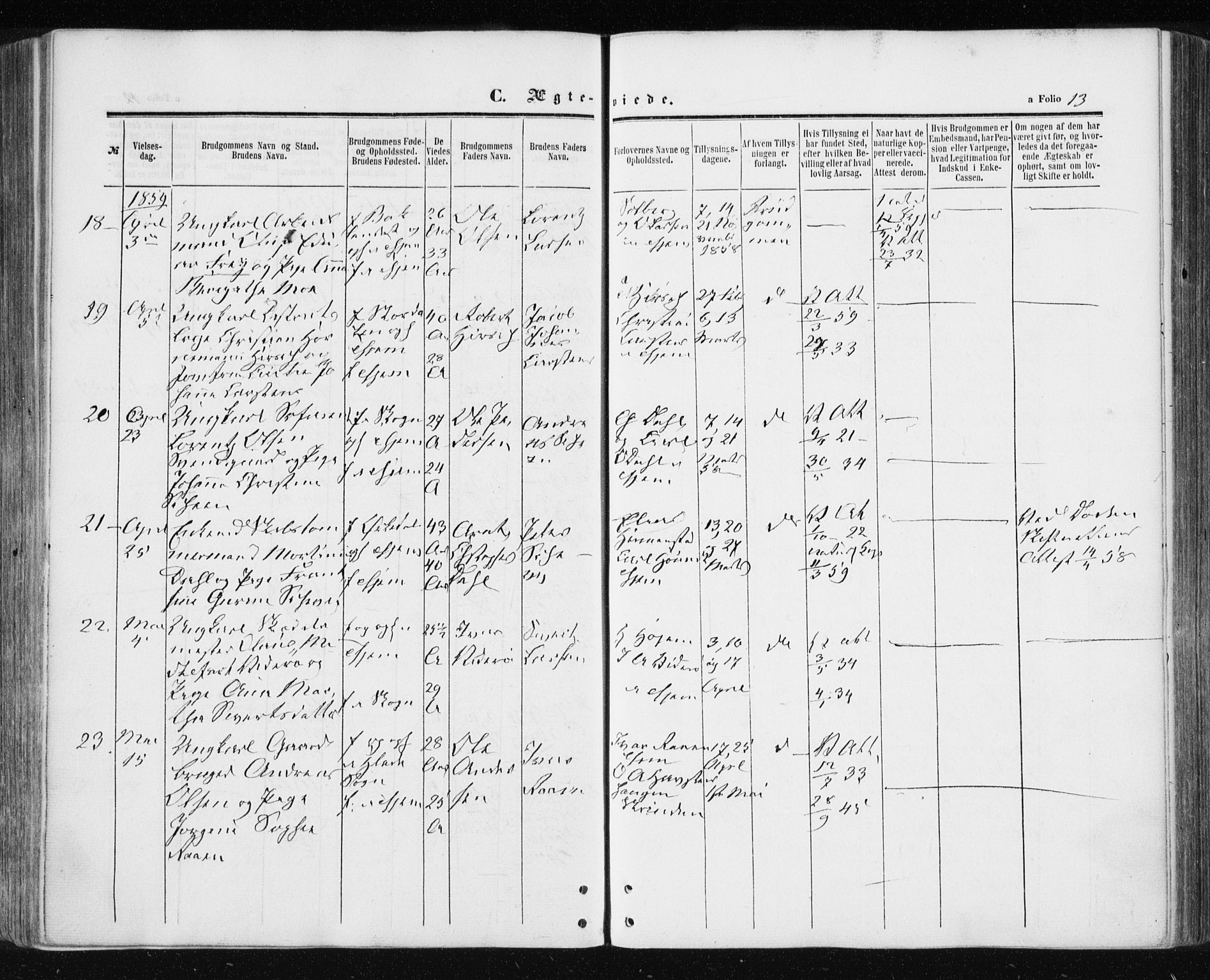 Ministerialprotokoller, klokkerbøker og fødselsregistre - Sør-Trøndelag, AV/SAT-A-1456/601/L0053: Parish register (official) no. 601A21, 1857-1865, p. 13