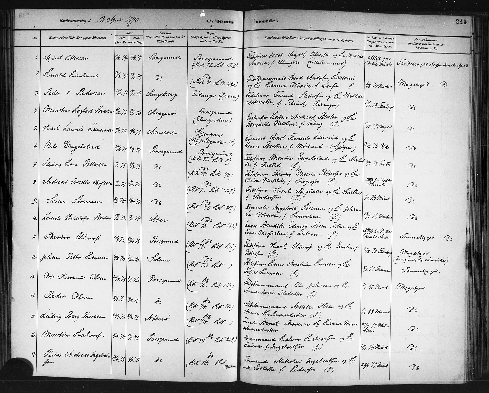 Porsgrunn kirkebøker , SAKO/A-104/G/Gb/L0005: Parish register (copy) no. II 5, 1883-1915, p. 249
