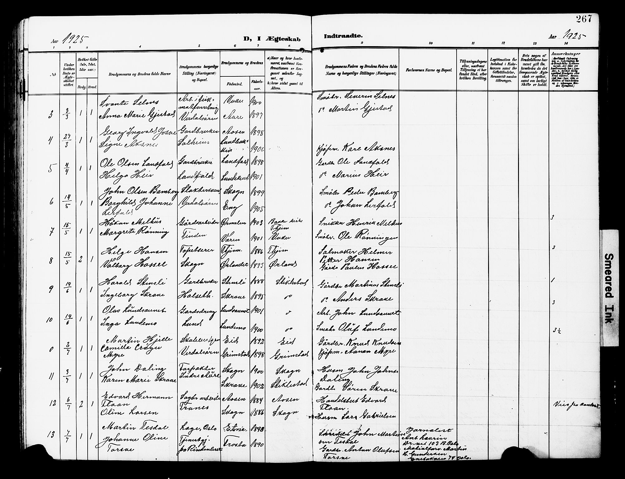 Ministerialprotokoller, klokkerbøker og fødselsregistre - Nord-Trøndelag, SAT/A-1458/723/L0258: Parish register (copy) no. 723C06, 1908-1927, p. 267