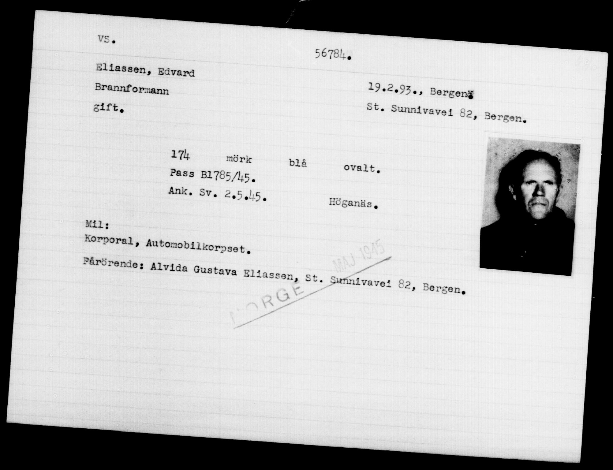 Utenriksstasjonene, Legasjonen i Stockholm, Flyktningkontoret, AV/RA-S-6753/V/Va/L0020: Kjesäterkartoteket, flyktninger med registreringsnr. 55000-58245, 1940-1945, p. 1784