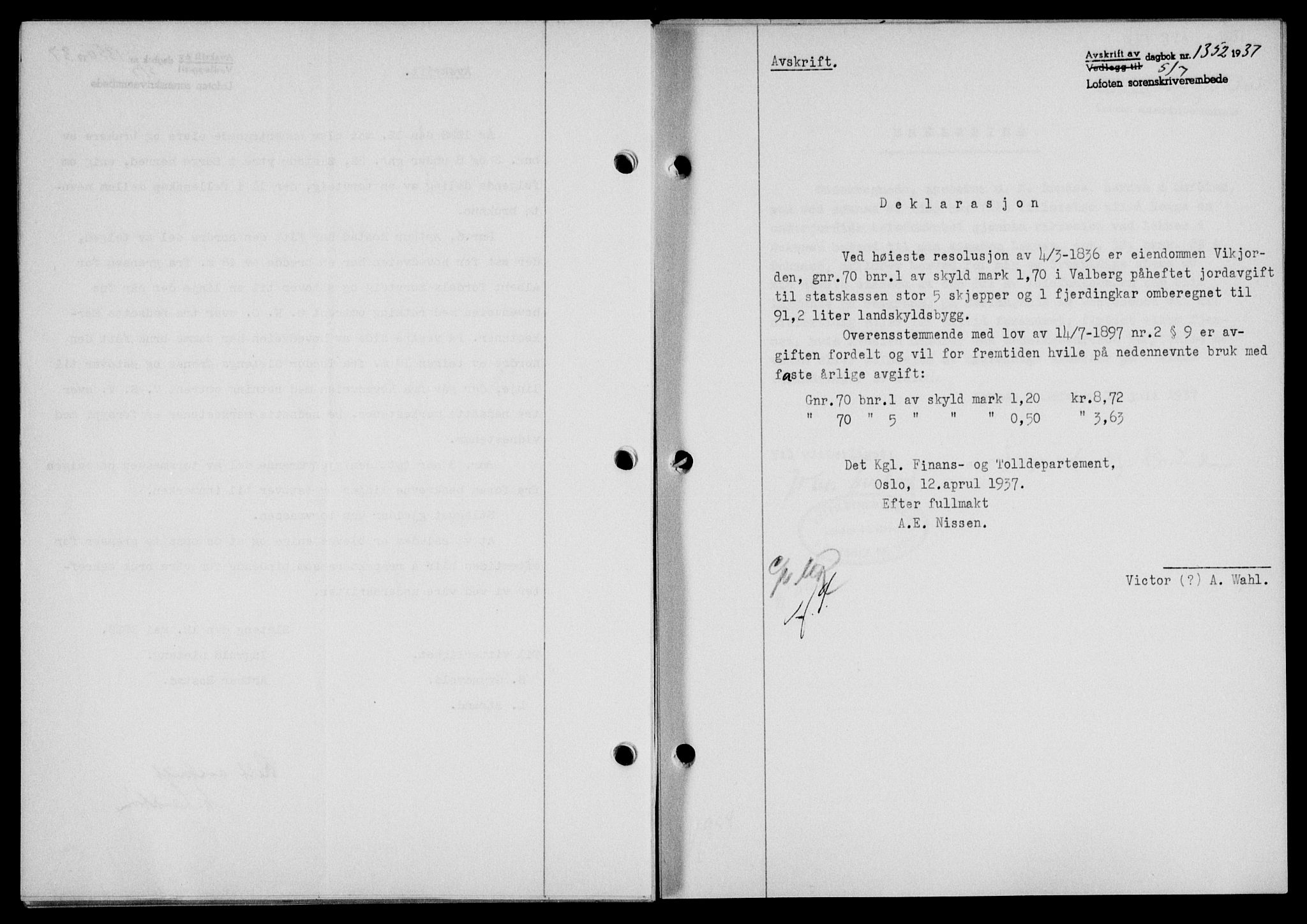 Lofoten sorenskriveri, SAT/A-0017/1/2/2C/L0002a: Mortgage book no. 2a, 1937-1937, Diary no: : 1352/1937