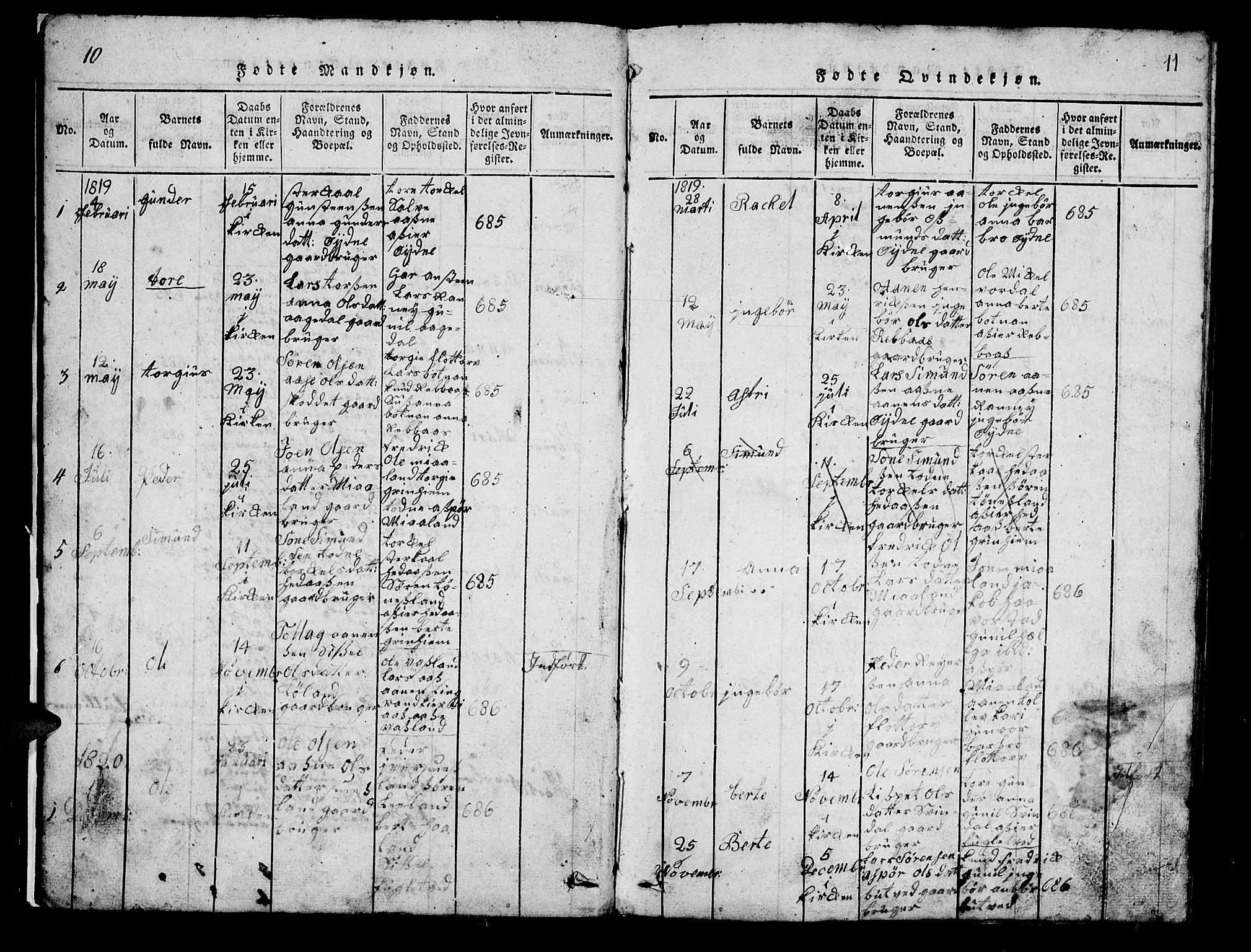 Bjelland sokneprestkontor, SAK/1111-0005/F/Fb/Fbc/L0001: Parish register (copy) no. B 1, 1815-1870, p. 10-11