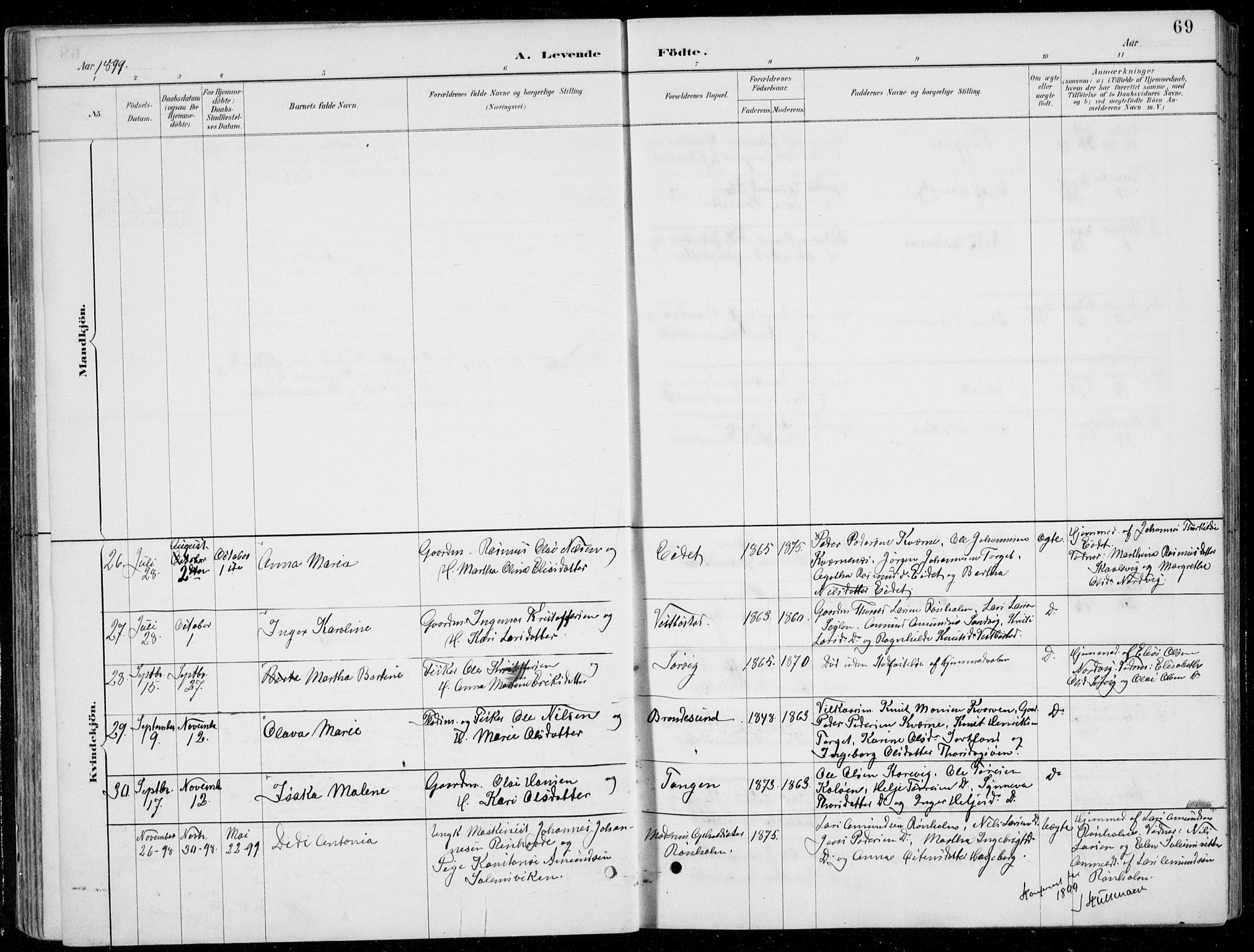 Fitjar sokneprestembete, AV/SAB-A-99926: Parish register (copy) no. A 2, 1887-1906, p. 69