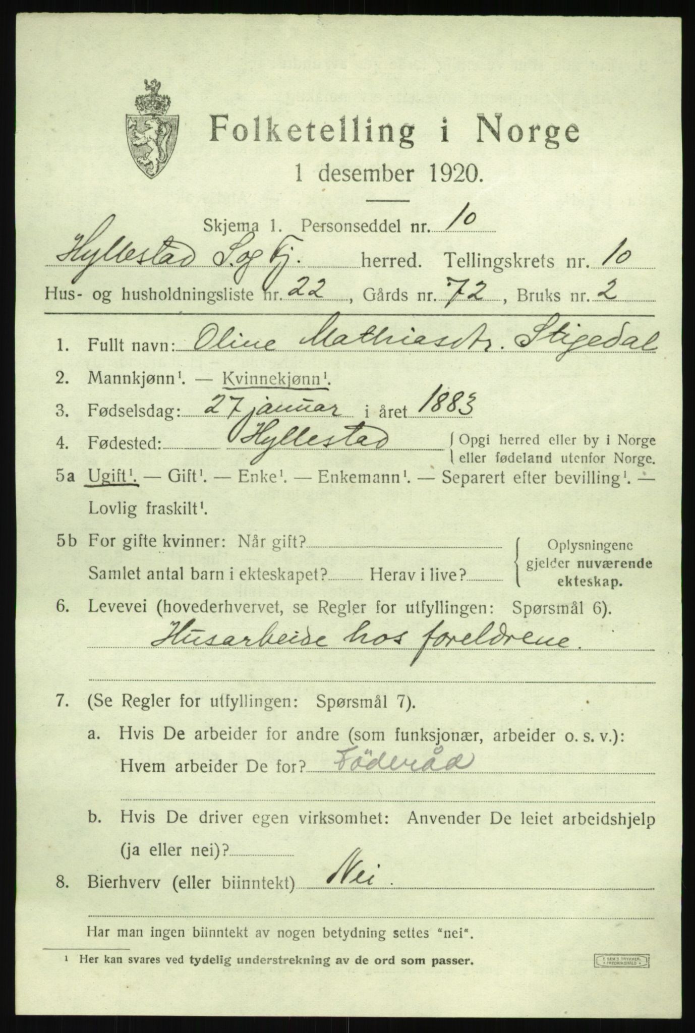 SAB, 1920 census for Hyllestad, 1920, p. 4090