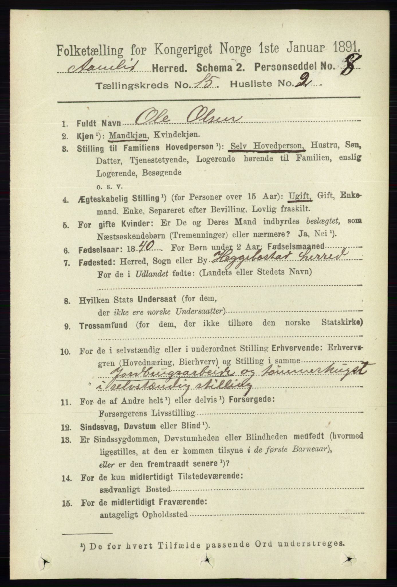 RA, 1891 census for 0929 Åmli, 1891, p. 2558