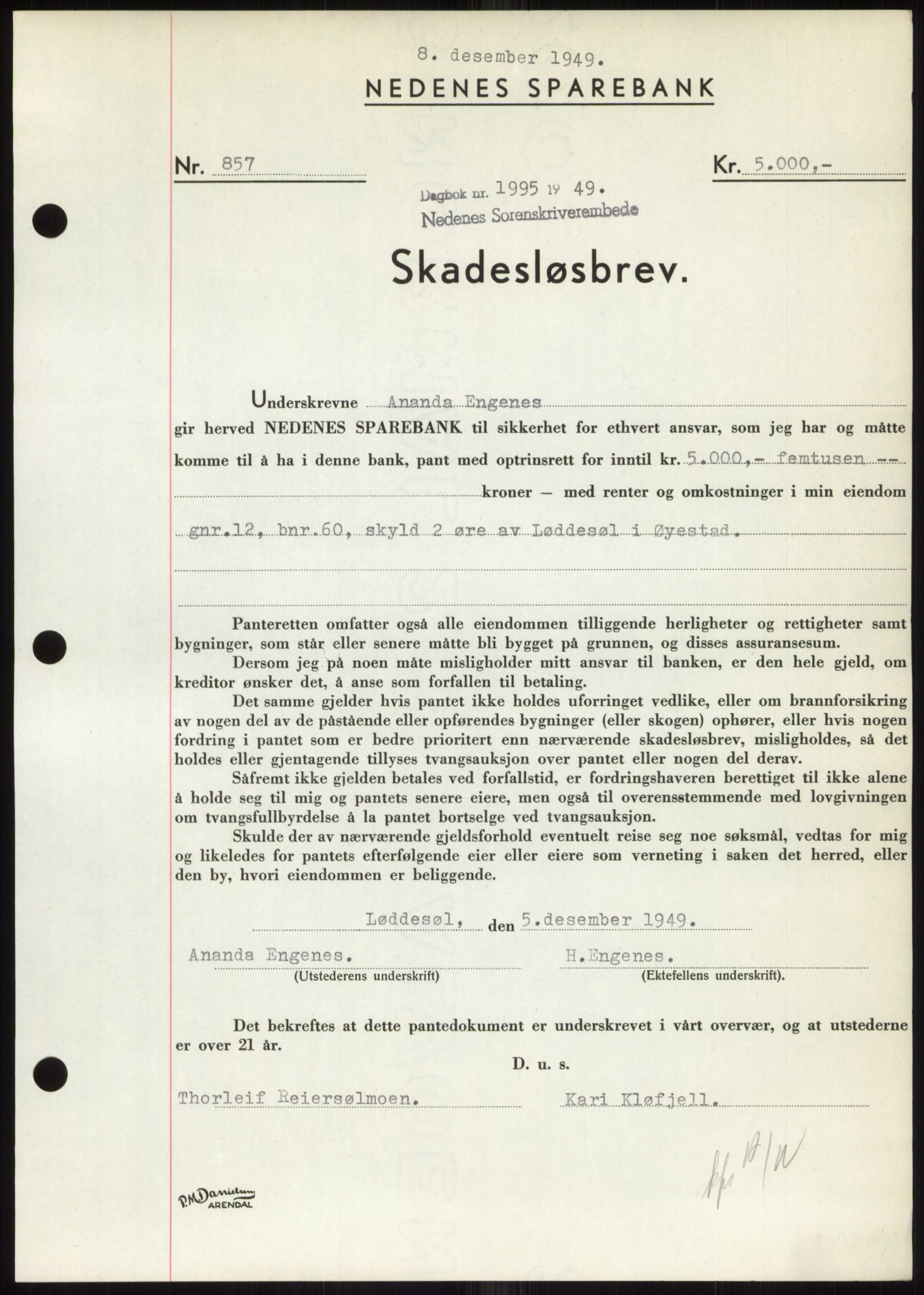 Nedenes sorenskriveri, AV/SAK-1221-0006/G/Gb/Gbb/L0007: Mortgage book no. B7, 1949-1950, Diary no: : 1995/1949